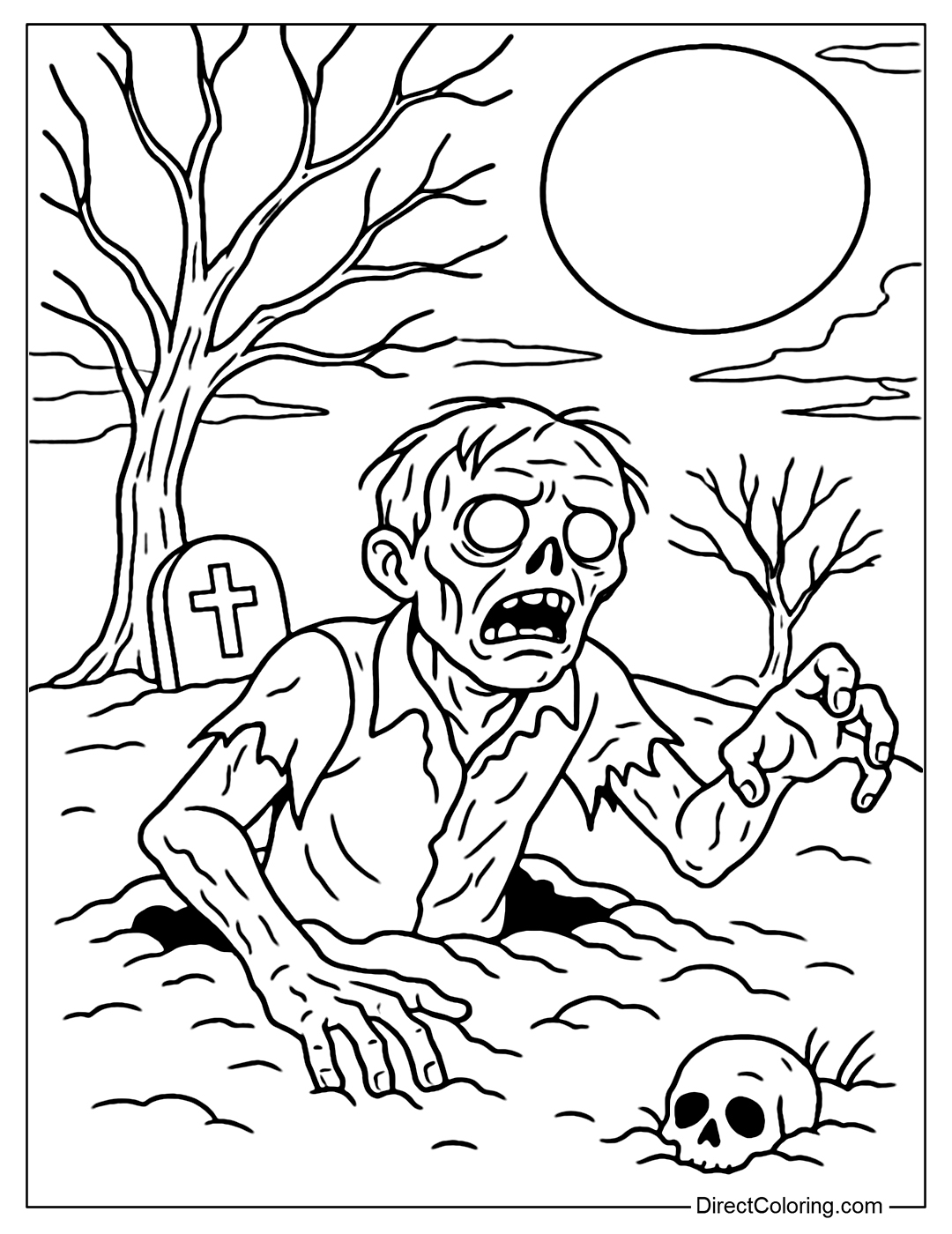 A zombie coloring page rising from a grave in a cemetery, skinny hands, lifeless white eyes, a dry tree and a full moon in the background.