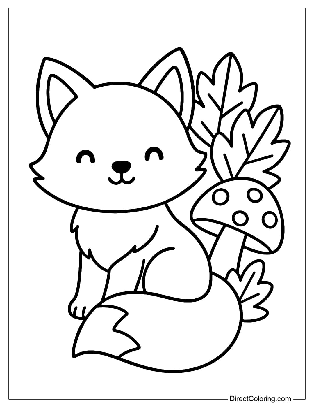 Fox and Leaves Coloring Page Coloring page of a fox sitting with its tail curled up, behind it is a cluster of yellow leaves and red mushrooms with white dots.