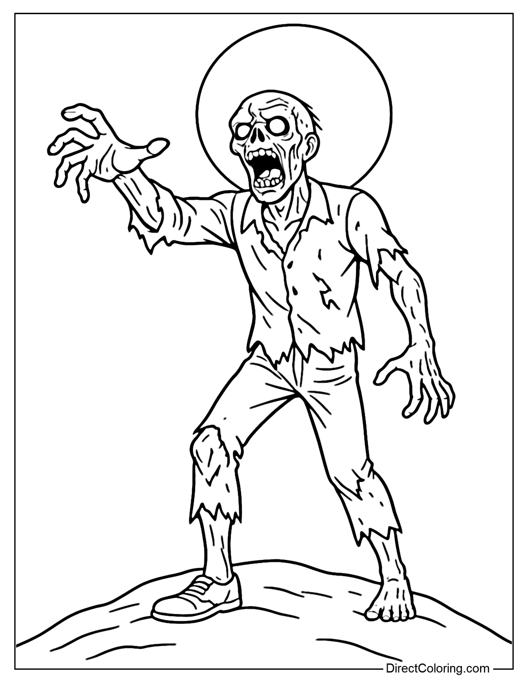 A zombie coloring page standing on the top of the hill under the red blood moon, its hands reaching out as if to grab the viewer.