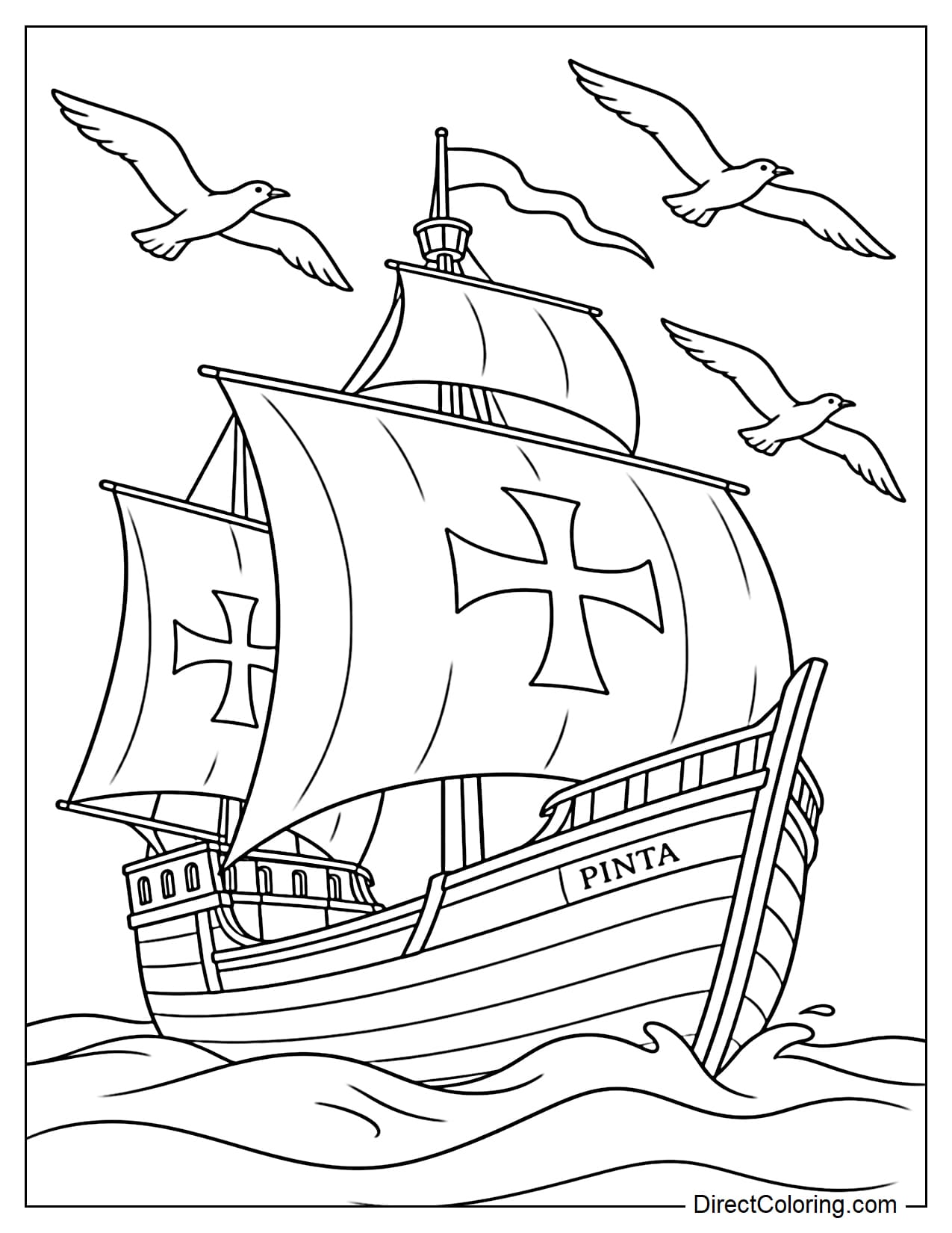 The Pinta sails across the ocean from a front-side angle, with three large seagulls circling above its mast.