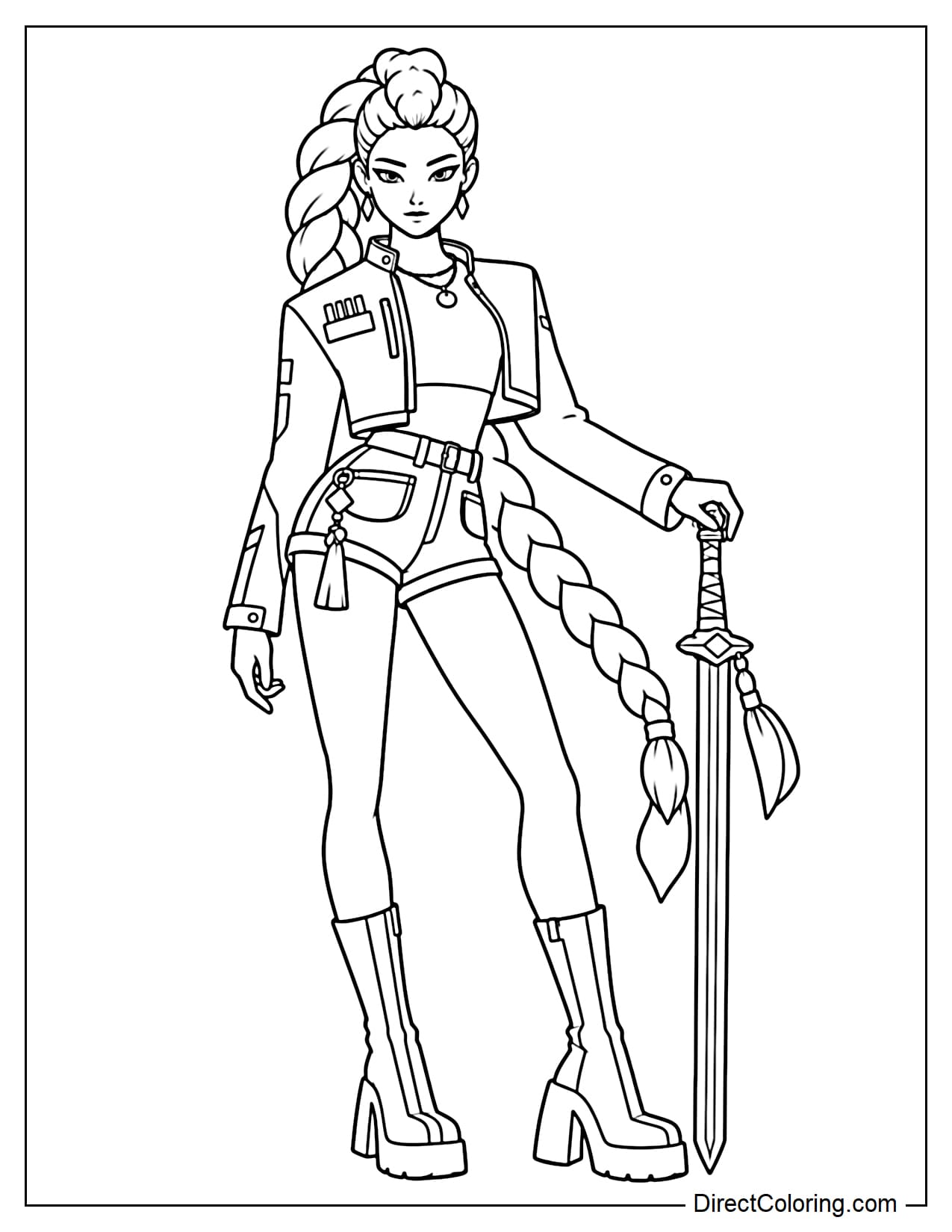 Rumi stands tall with her sword held upright beside her body, one hand gripping the handle. Her pose is calm, confident, and powerful.