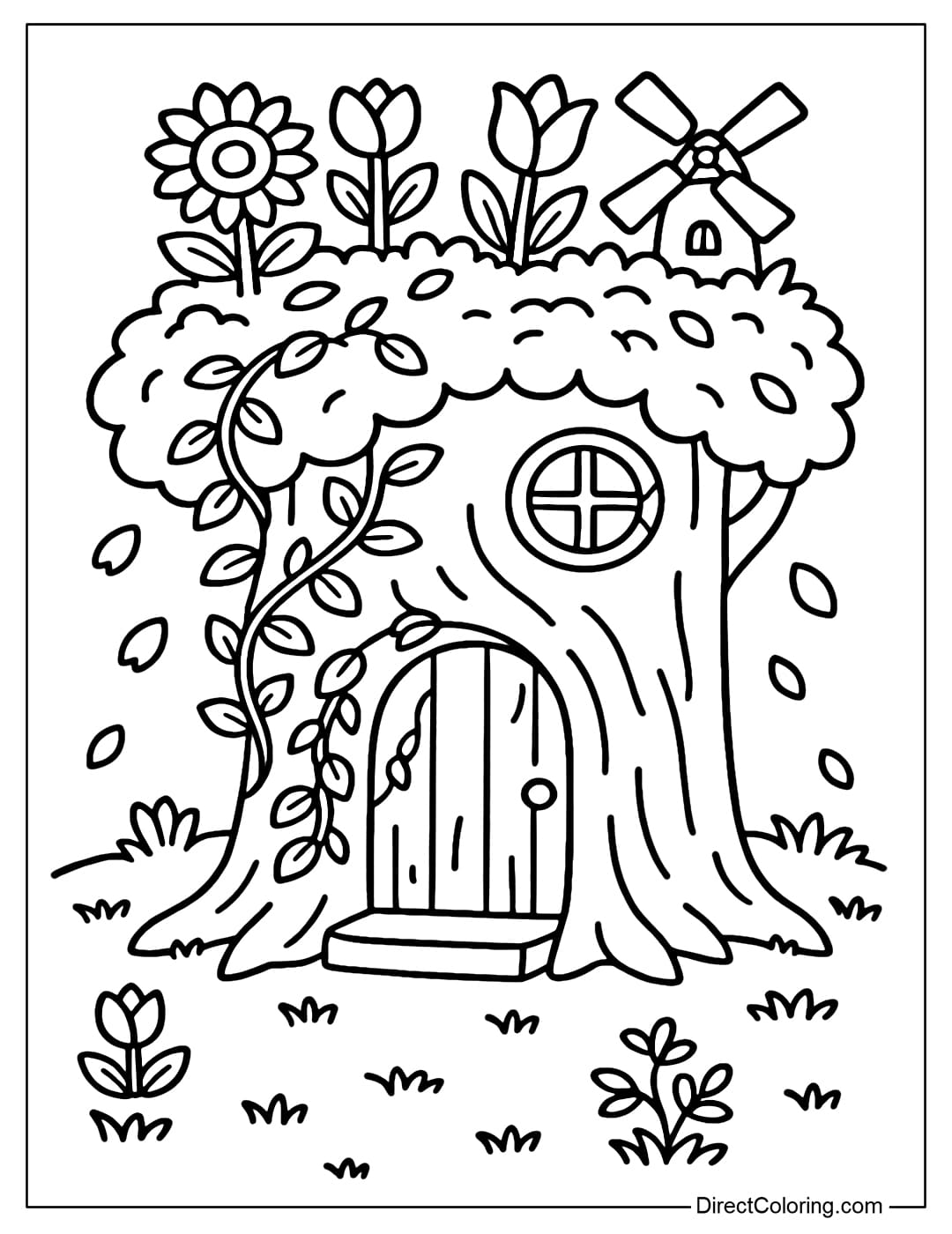 Stump with Garden Top Coloring Page A tree stump coloring page with a roof turned into a mini garden, growing sunflowers, tulips and a windmill.