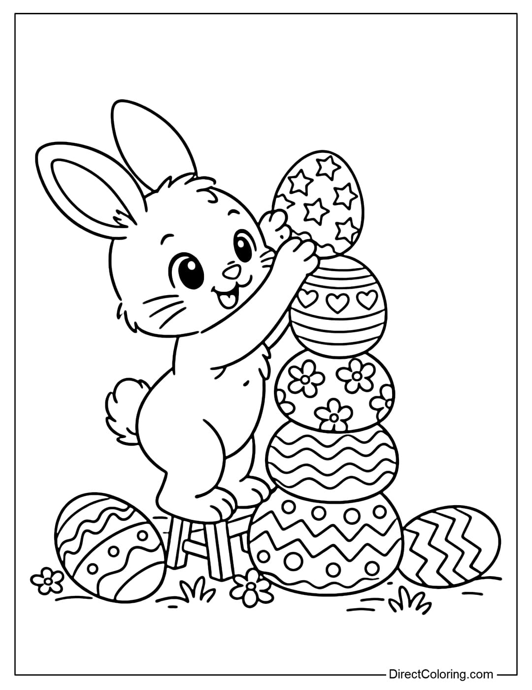 This coloring page shows an Easter bunny stacking eggs into a small, gradually rising tower.