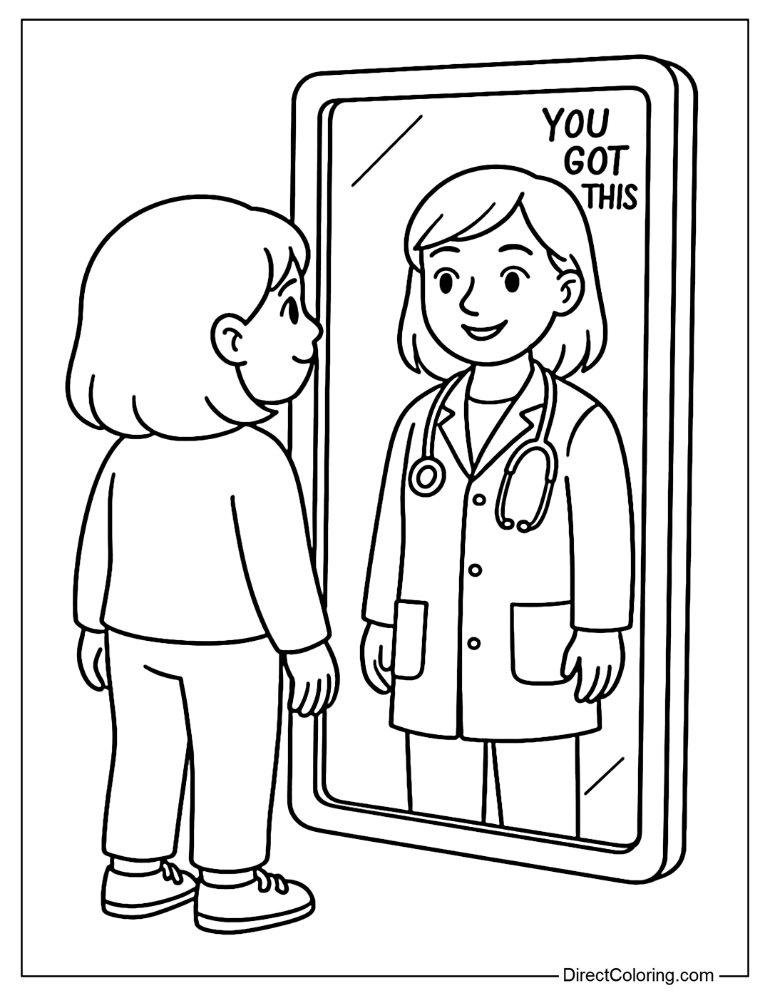 Coloring page of a young person looking in the mirror, reflecting the adult version wearing the dream job shirt. The corner of the mirror is engraved with the words 