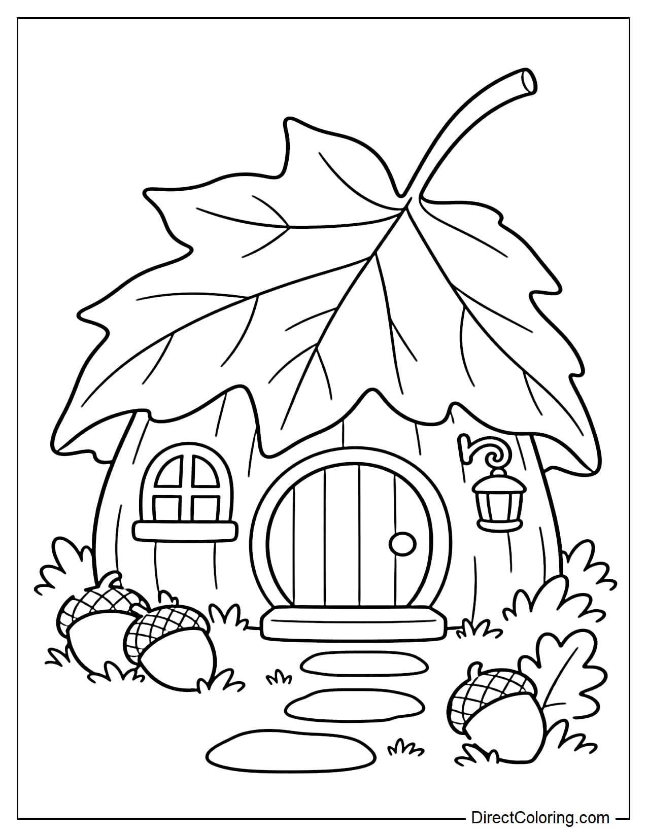 A cute tiny house with a large maple leaf forming the roof, featuring a small round door, a short pathway, and a few acorns in front.