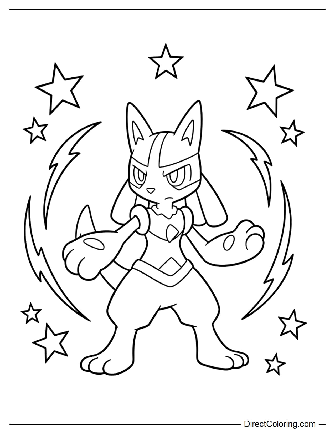 Lucario stands confidently with its feet firmly apart, one arm extended forward, and behind it are curved energy lines and stars.