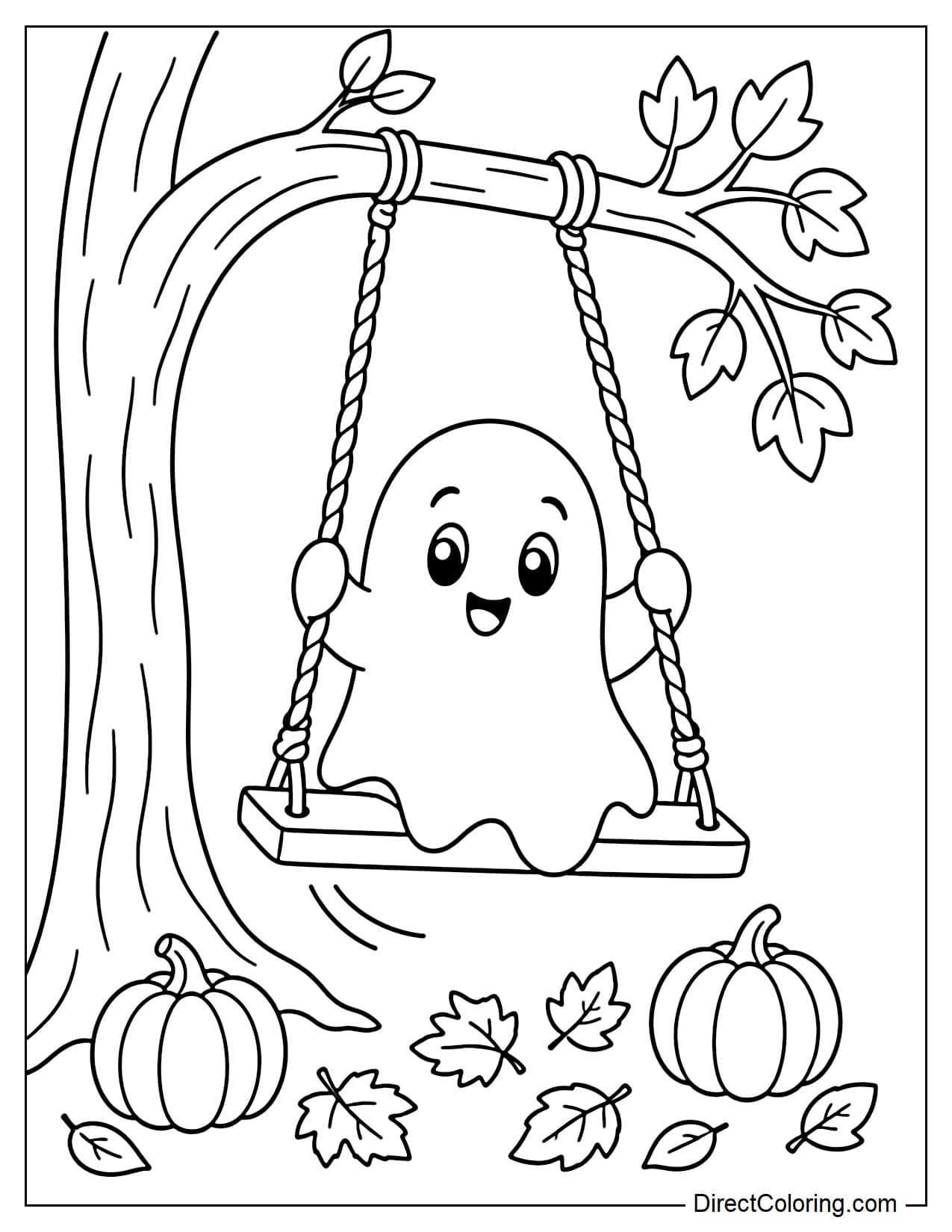 A ghost sits on a swing hanging from a large curved tree branch, with a few autumn leaves and two small pumpkins below.