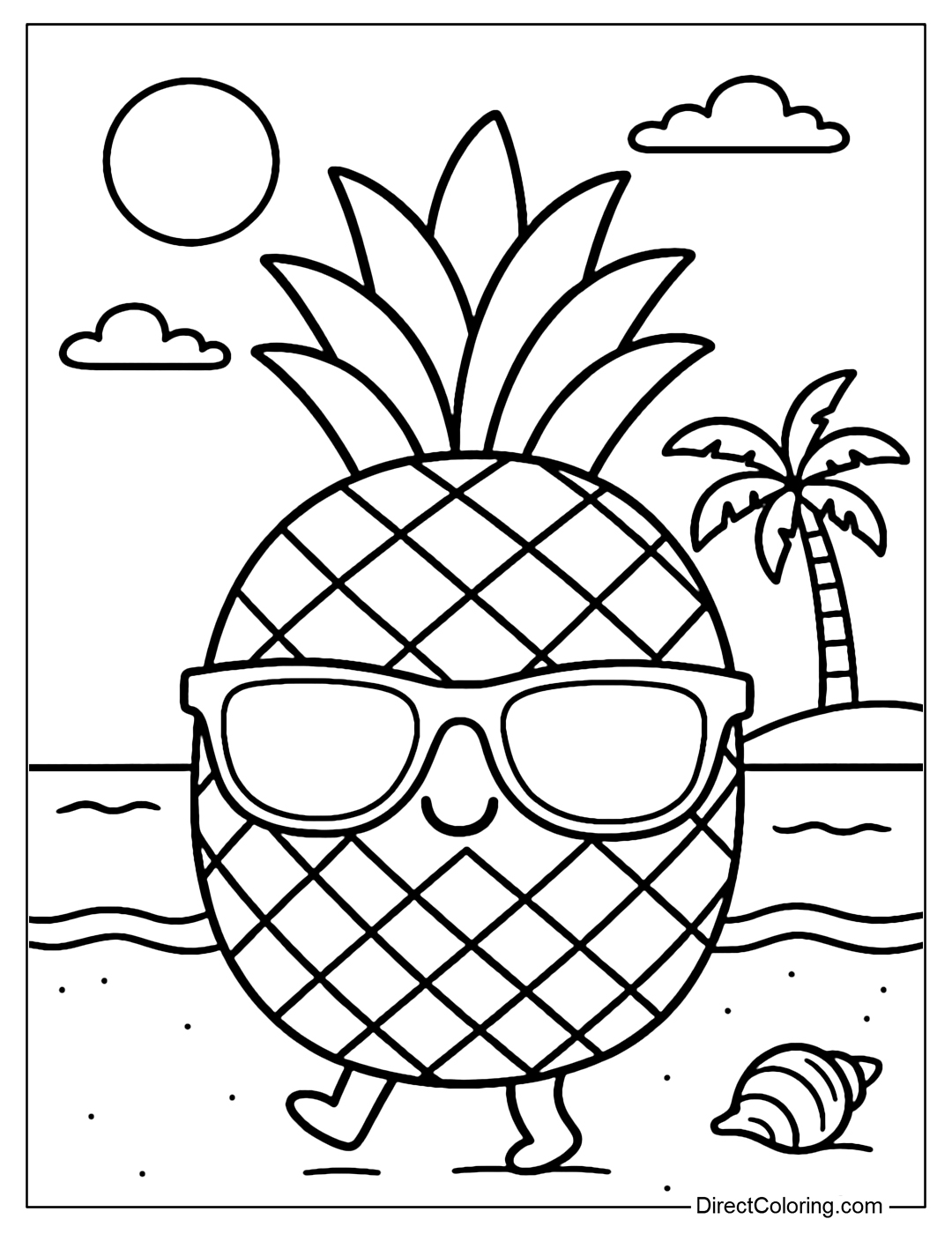 A pineapple coloring page wearing sunglasses