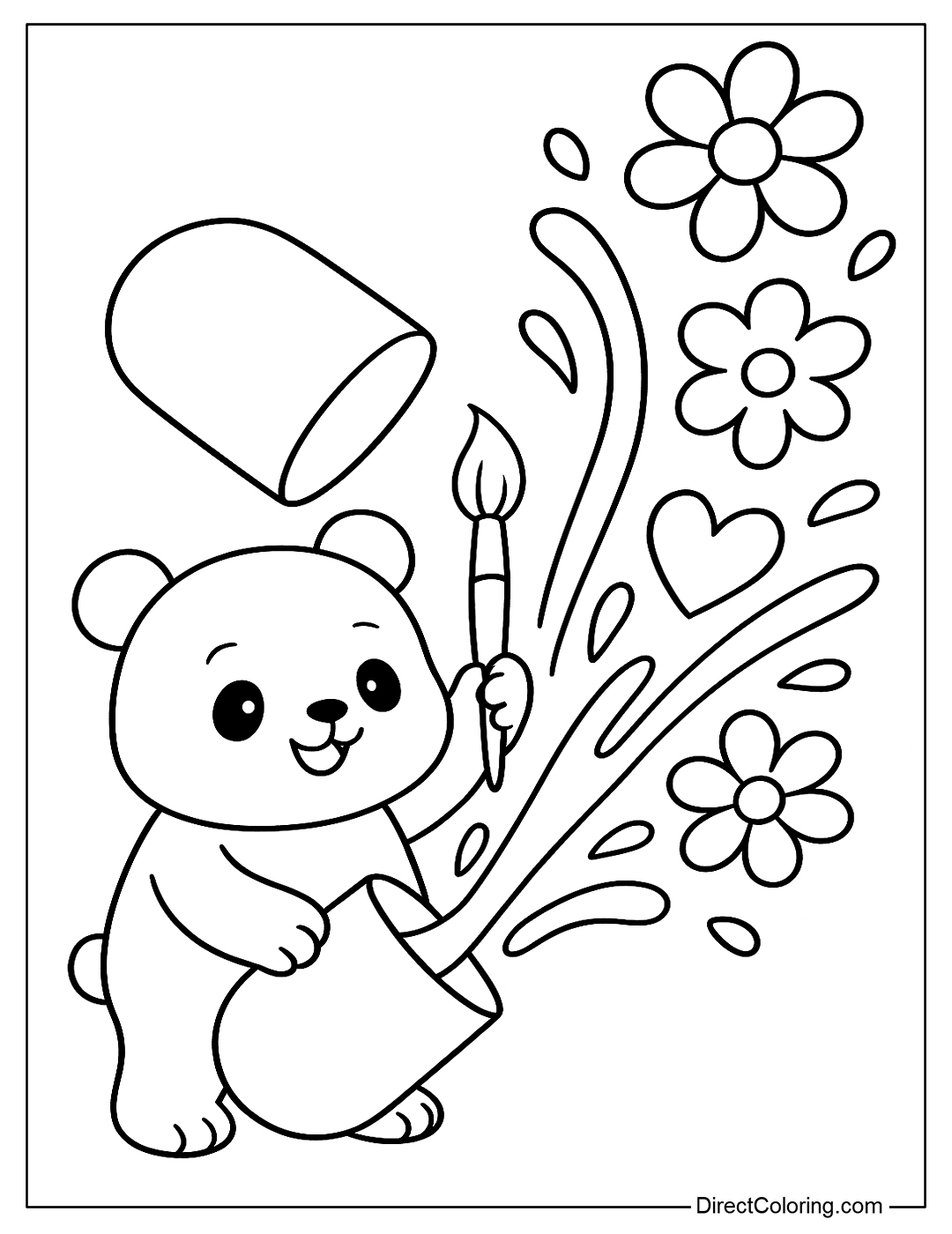A capsule coloring page with a panda holding a paintbrush and swiping paint from inside the capsule, the color streaks create flowers and hearts