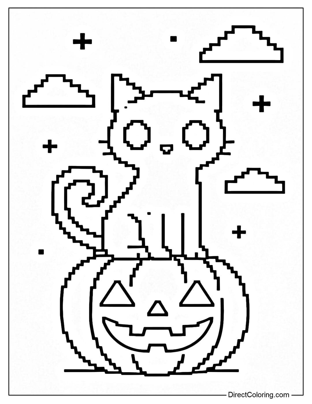 Pixel Halloween black cat coloring page, a cat sitting on a pumpkin with big bright eyes, a curved tail in the shape of a question mark.