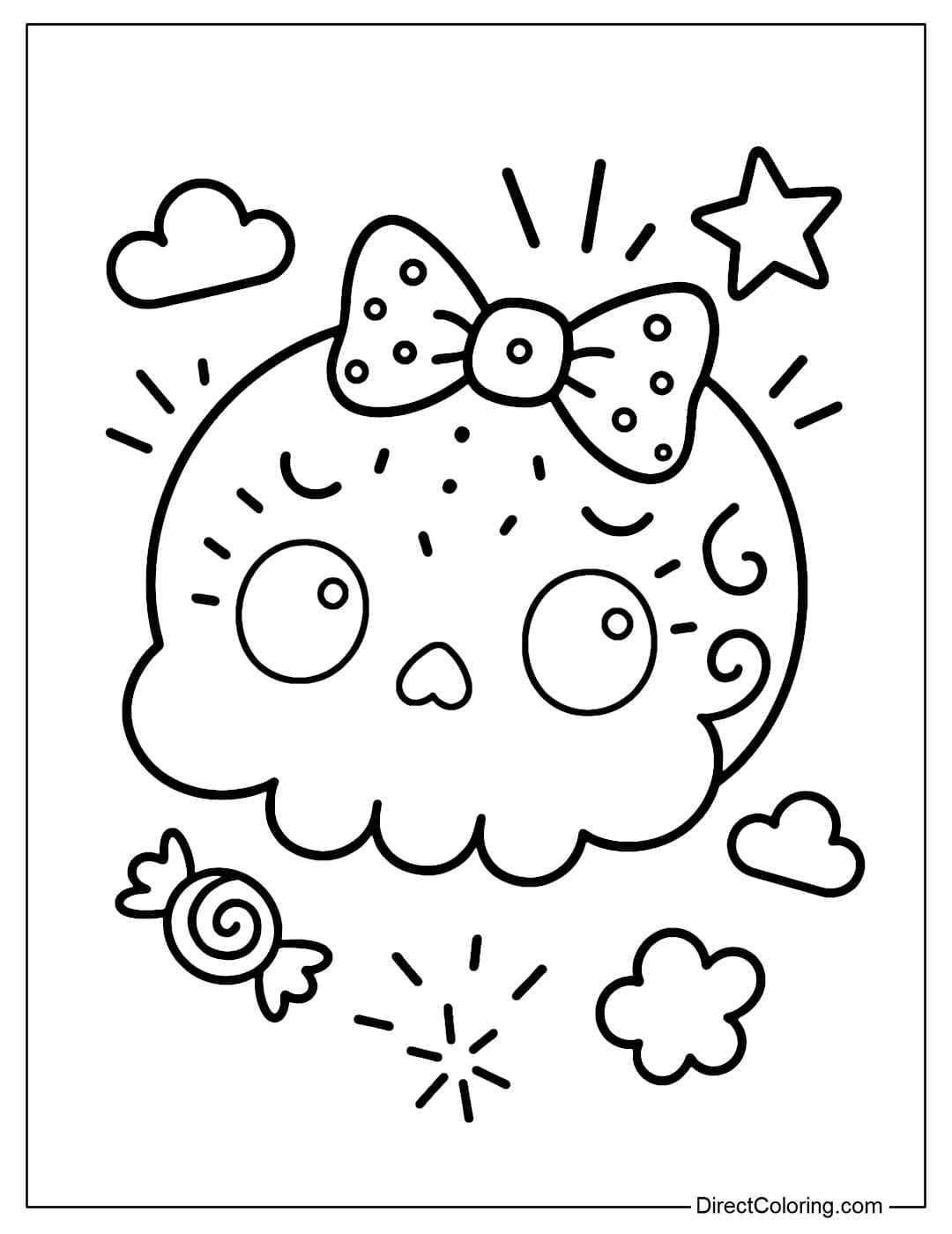 Cute skull coloring page with slightly rounded cheekbones creating a plump feeling, on the forehead there is a ribbon bow and small polka dots.