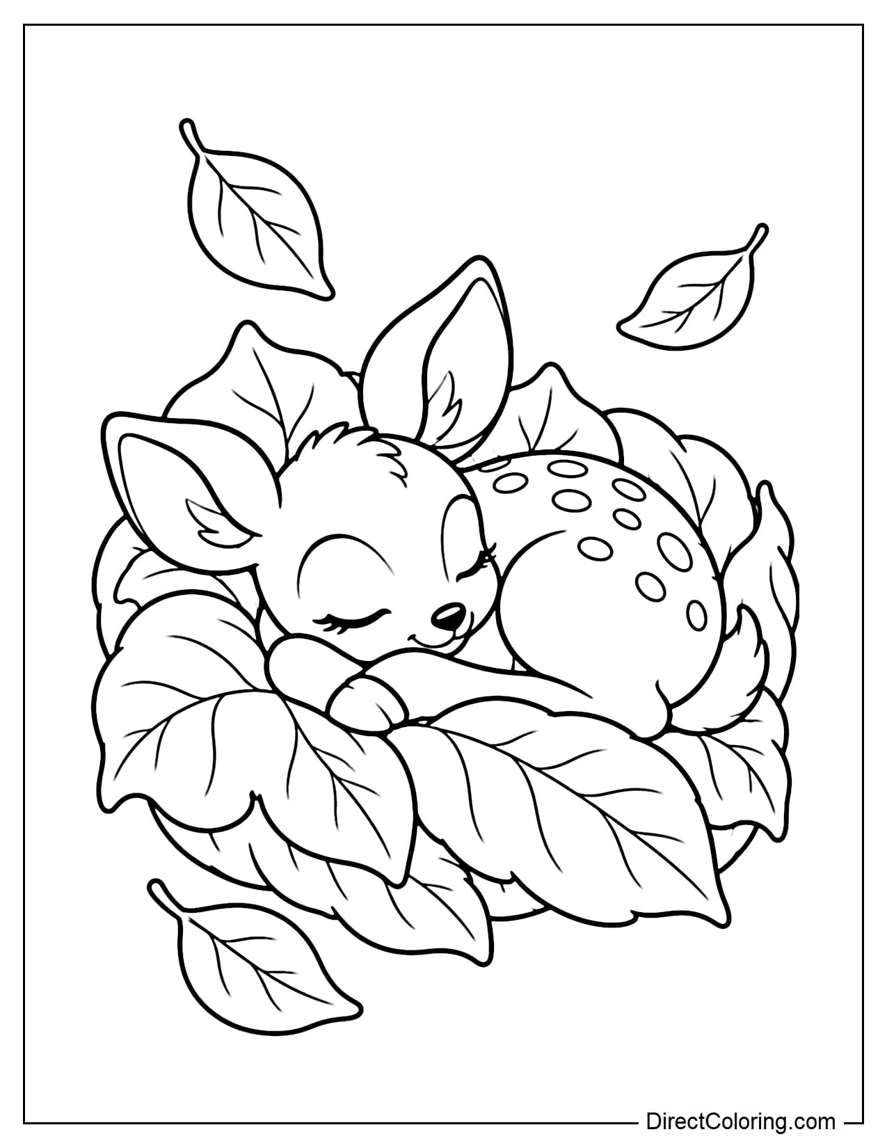 A cute little fawn curled up in a large bed of leaves.