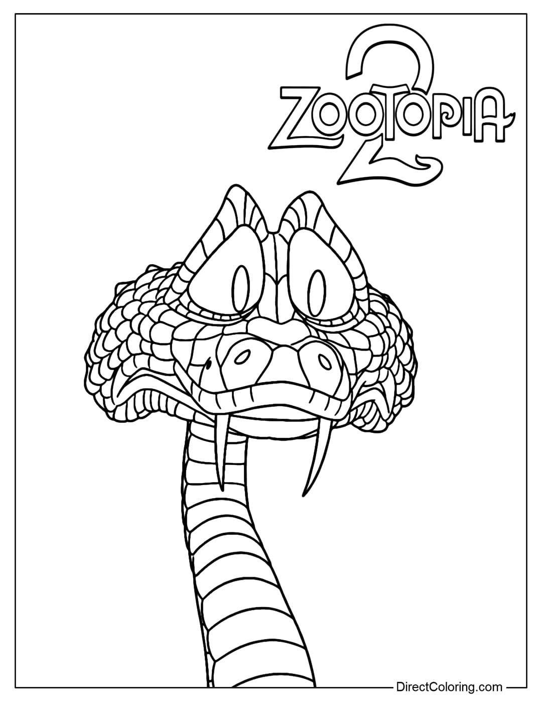 A close-up coloring page of Gary the Snake's face with his sharp eyes and long fangs.