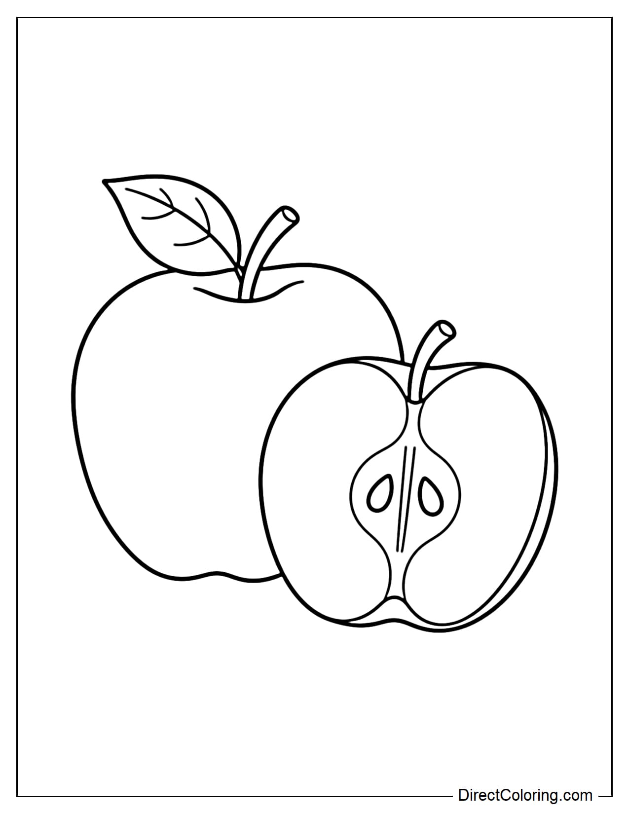 A large whole apple beside a vertically cut apple half, revealing the core and a few large, simple seeds.
