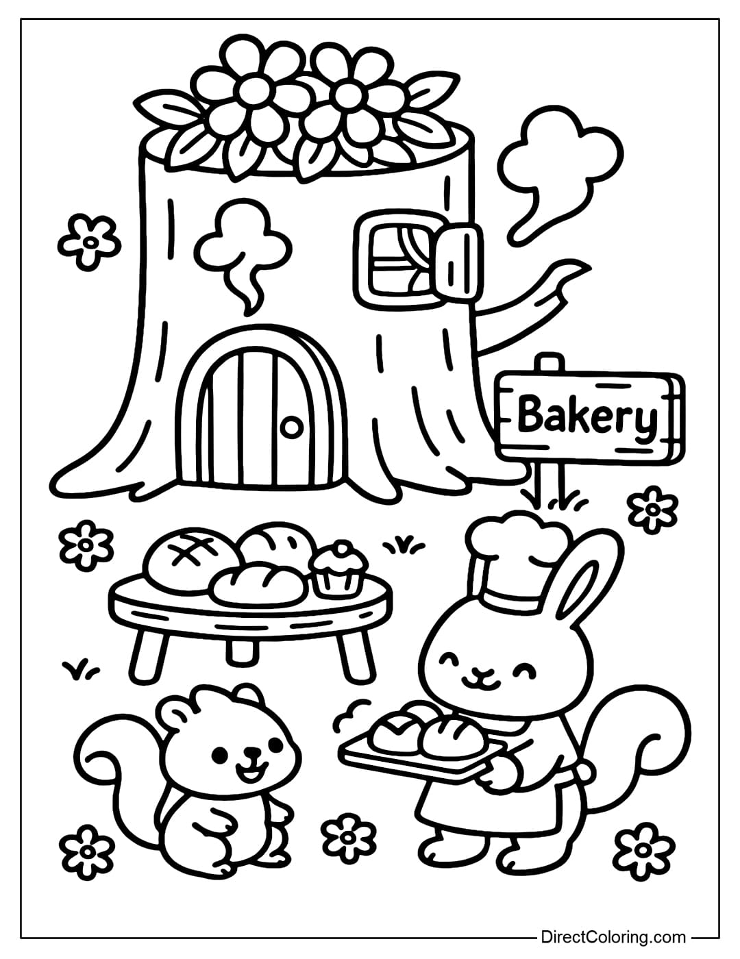 Stump Bakery Coloring Page A bakery coloring page in a tree stump, the aroma of mushroom cakes wafts out the window.