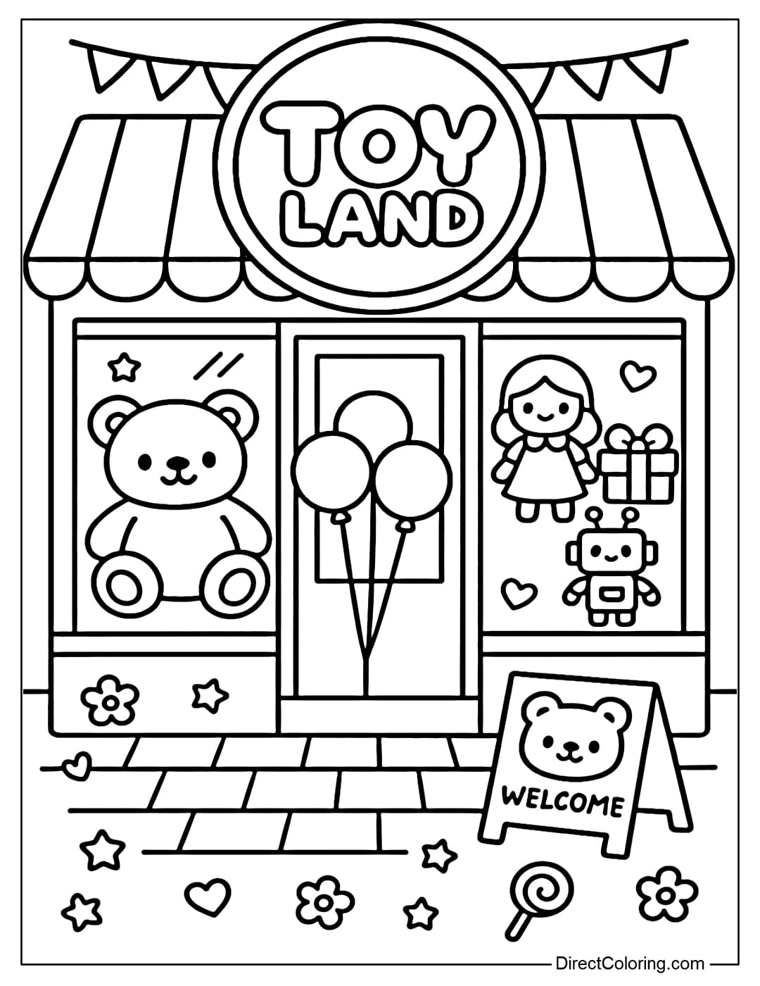 Toy Shop Front Coloring Page A cute toy store facade coloring page, a transparent glass door full of stuffed animals, and a bunch of balloons in front of the door.