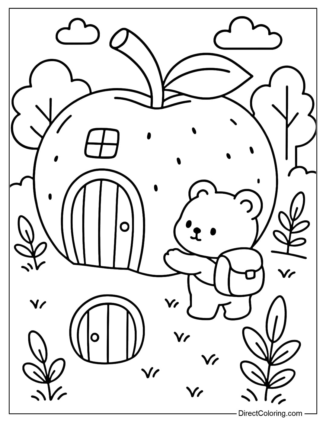 Coloring page of a cute bear exploring a house made from giant apples.