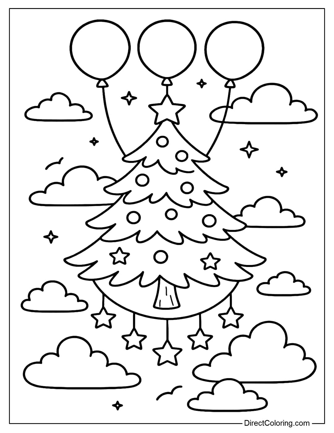 A pine tree coloring page floating in the clouds, supported by balloons and a string of stars.
