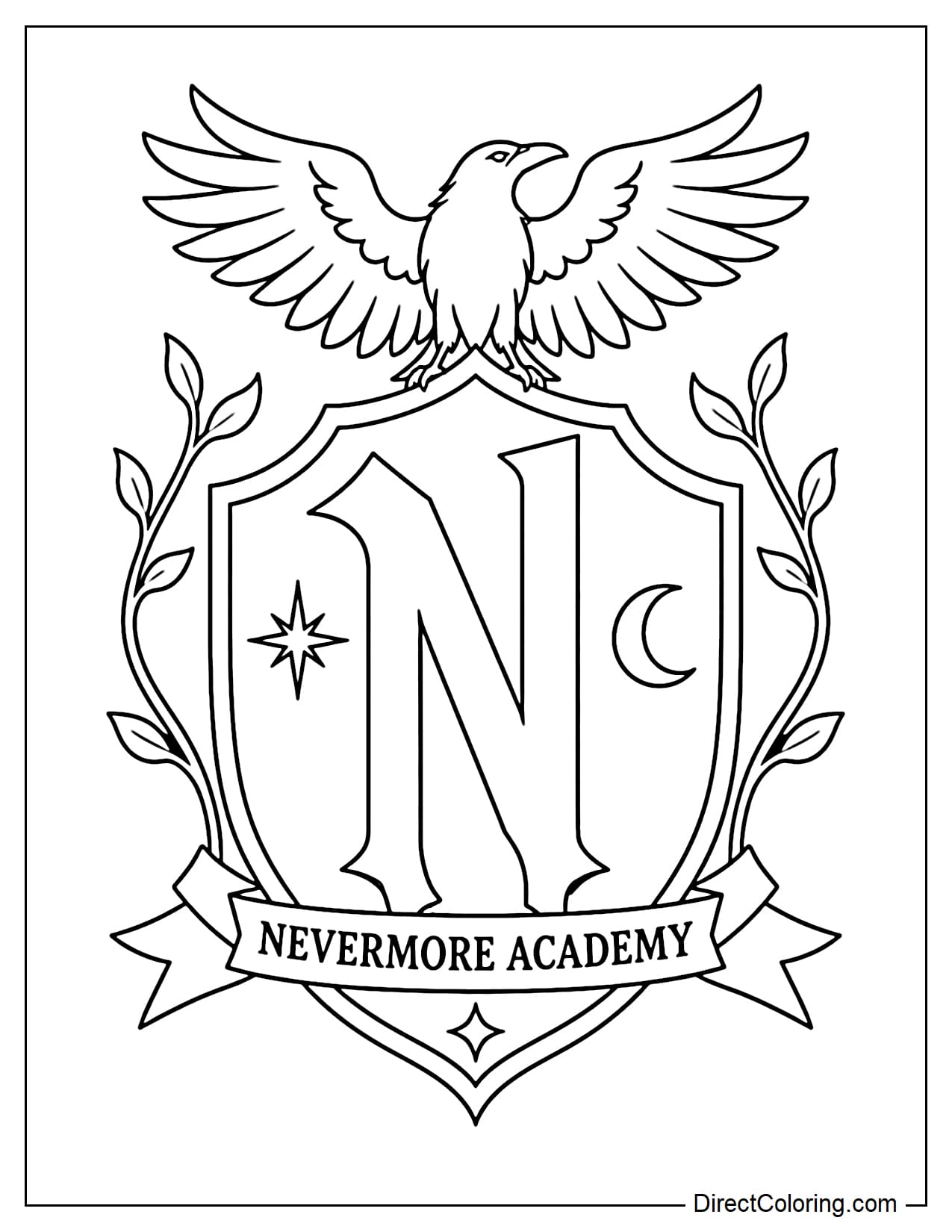 A large Nevermore Academy emblem designed in a gothic crest style, featuring a prominent letter N in the center surrounded by a simple decorative shield frame. A raven spreads its wings above the crest, with a few curved branches arranged symmetrically on both sides.