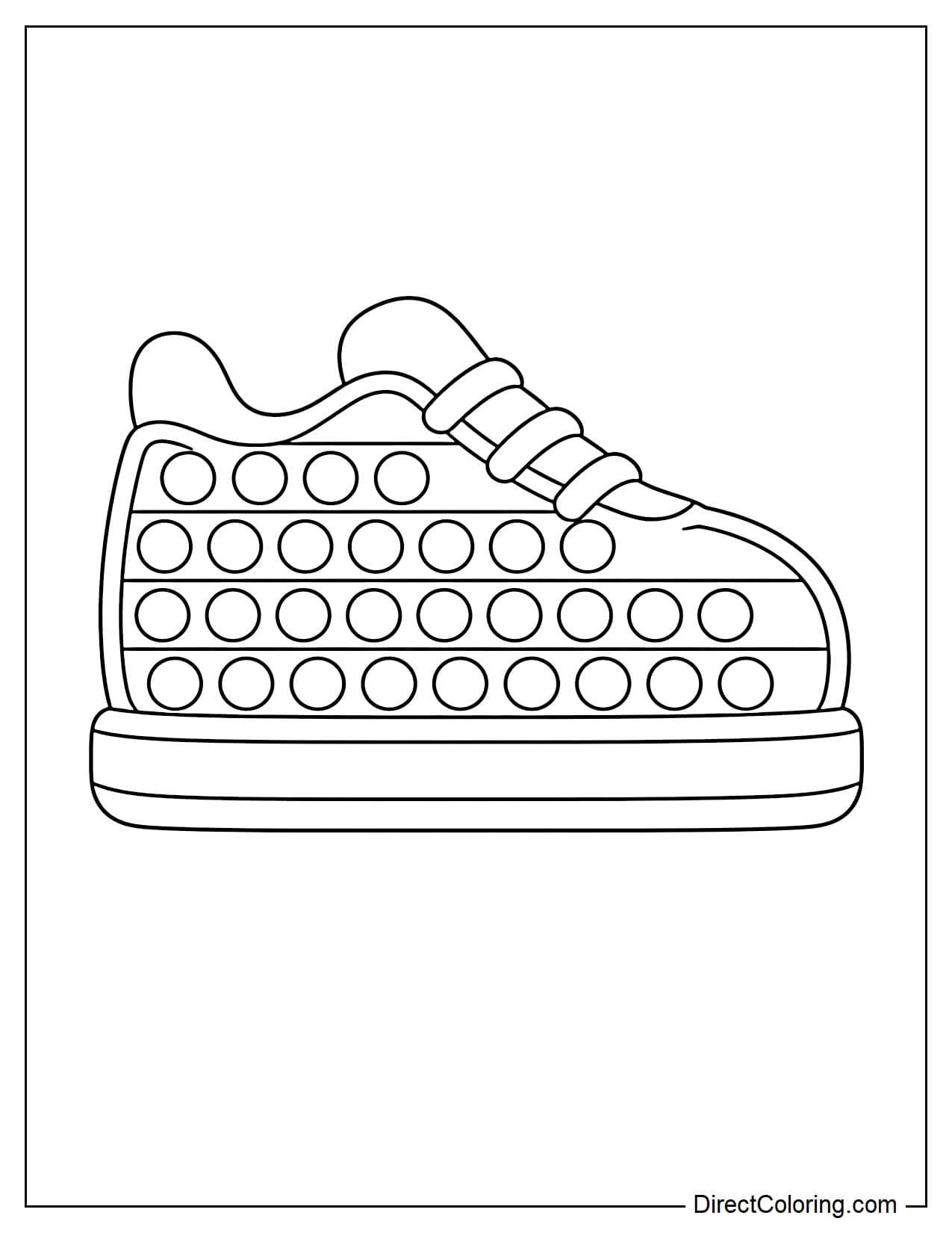 A sneaker-shaped pop-it viewed from the side, featuring a simple, rounded upper, a clearly defined thick sole, and evenly distributed round bubbles inside.