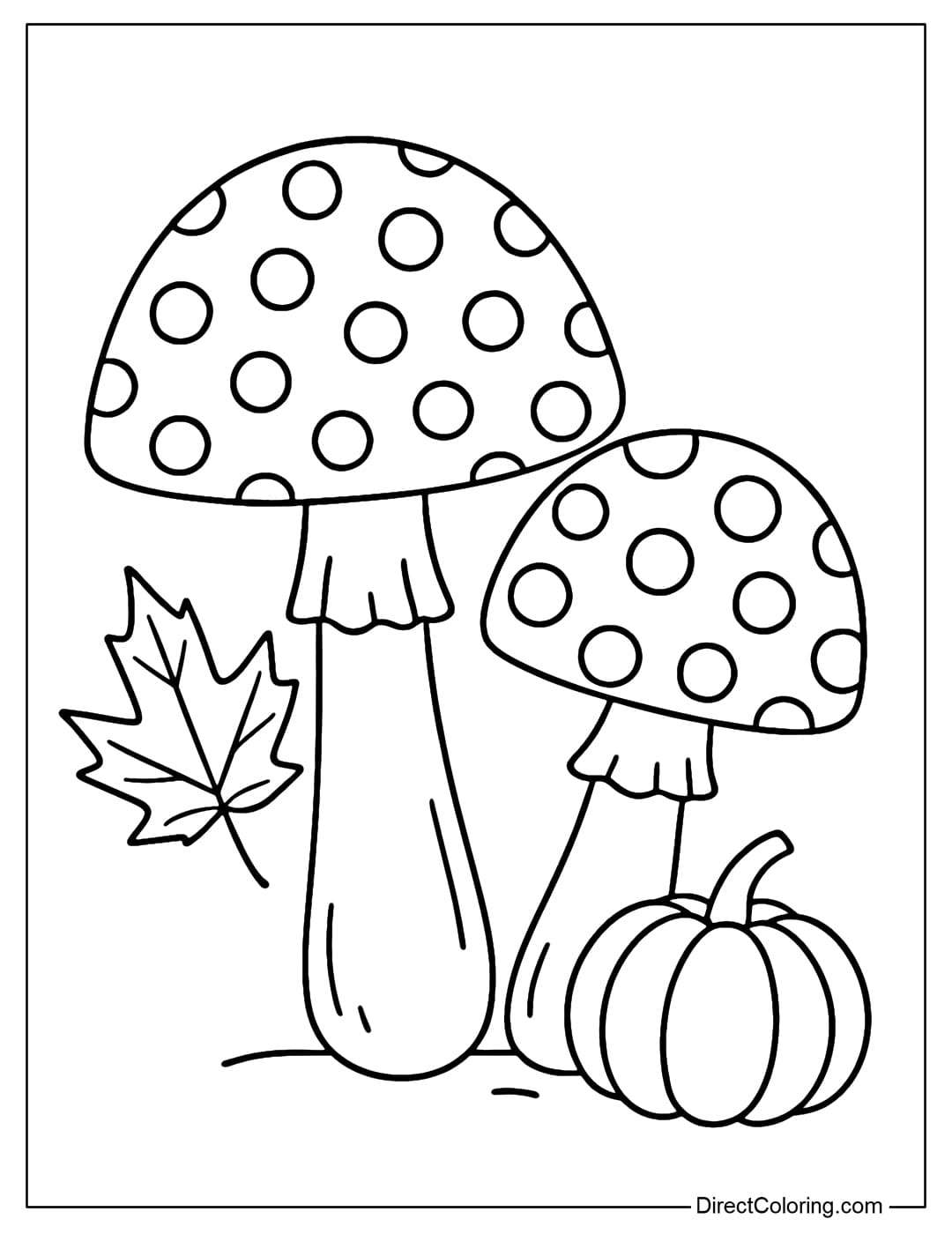 Mushrooms and Leaves Coloring Page Coloring page of 2 red mushrooms with white dots, next to a maple leaf and a mini pumpkin.