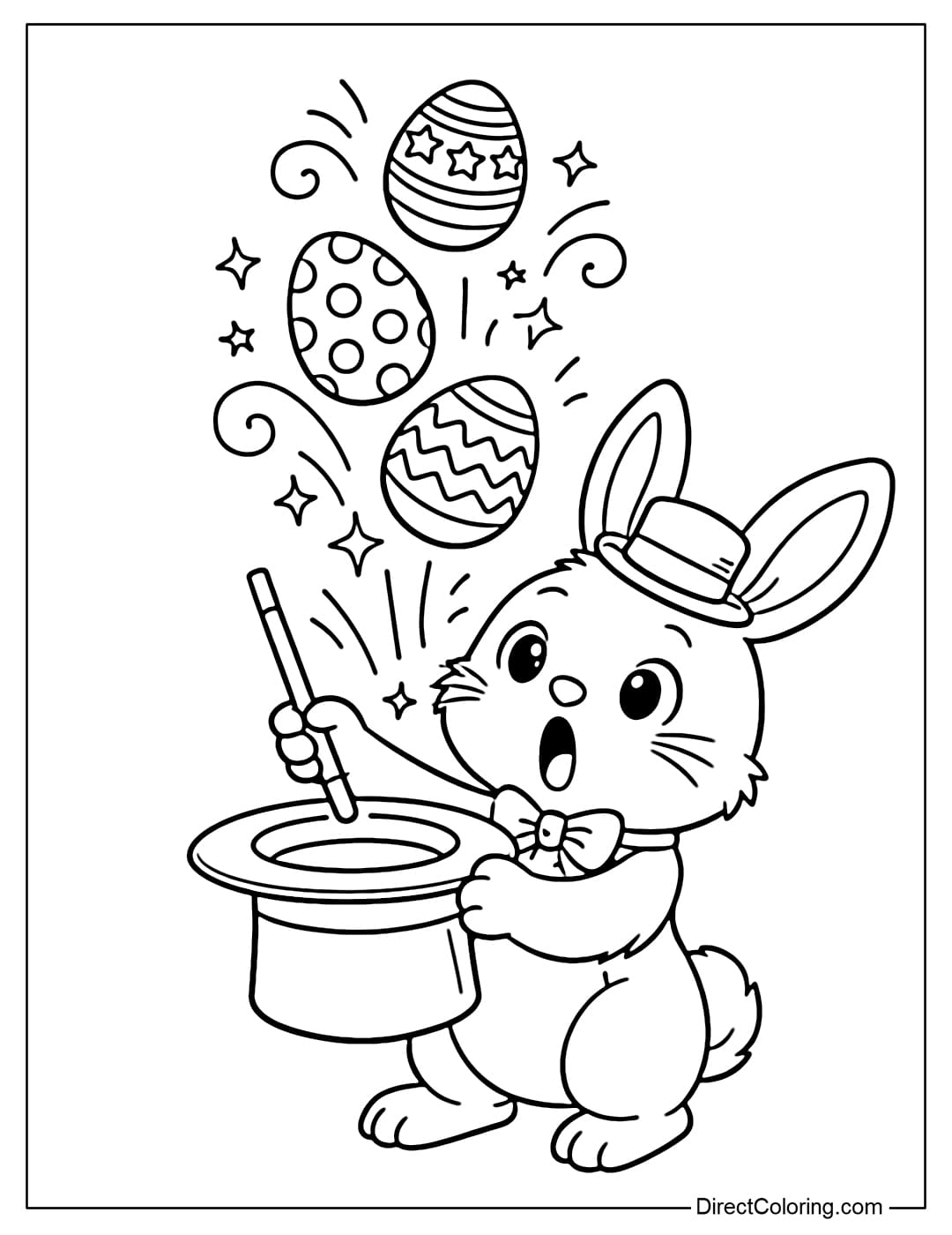 An Easter bunny coloring page showing a magician making eggs fly from his hat.
