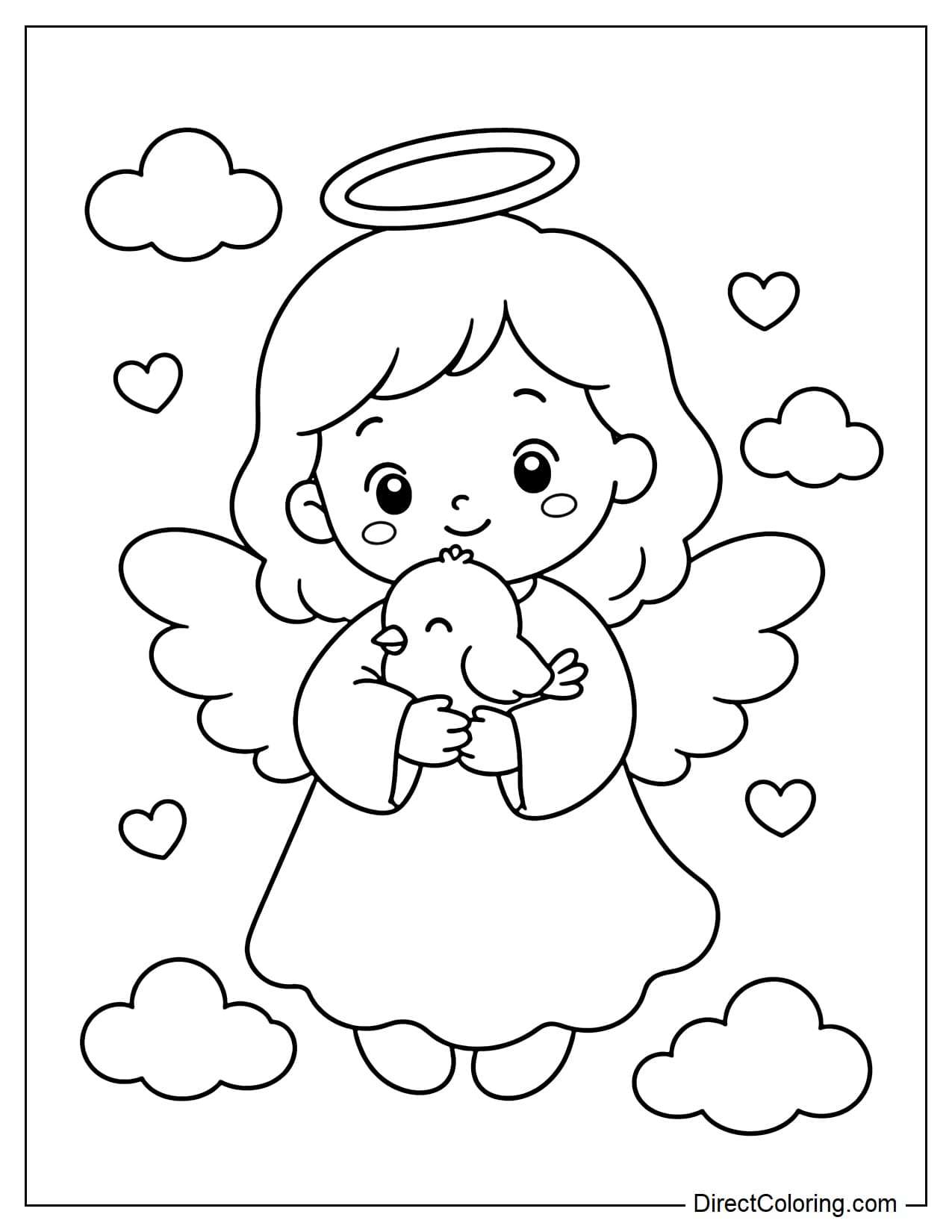 A little angel gently cradles a small bird; clouds and hearts surround them.