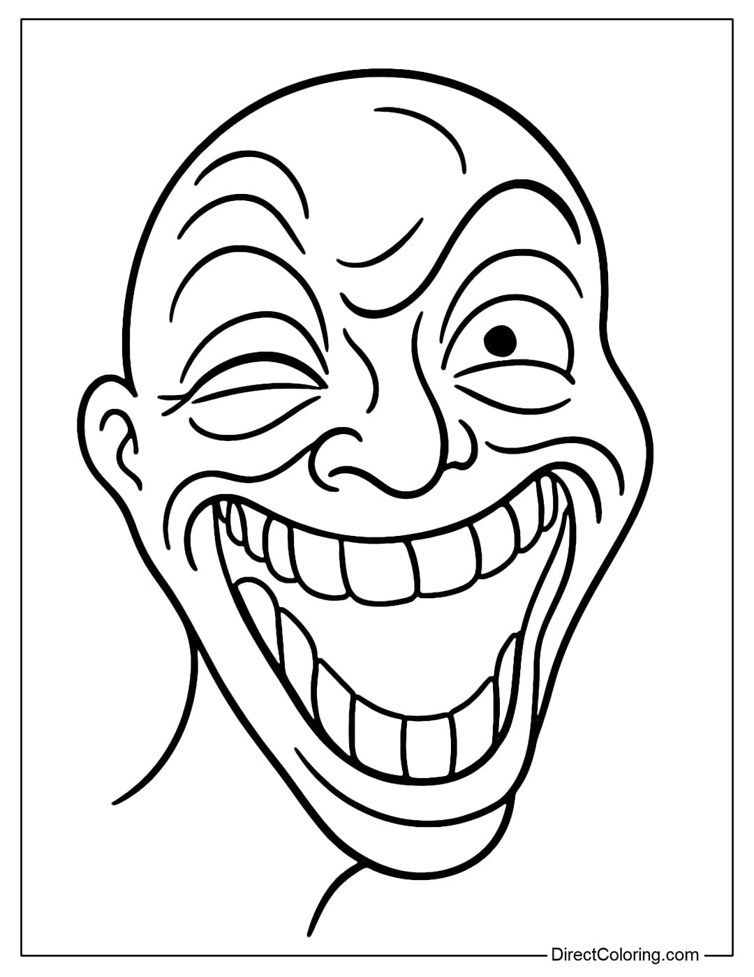 A character coloring page laughing so hard that the face is twisted, eyes are misaligned, jaws are opened too wide, creating a feeling that is both weird and funny.