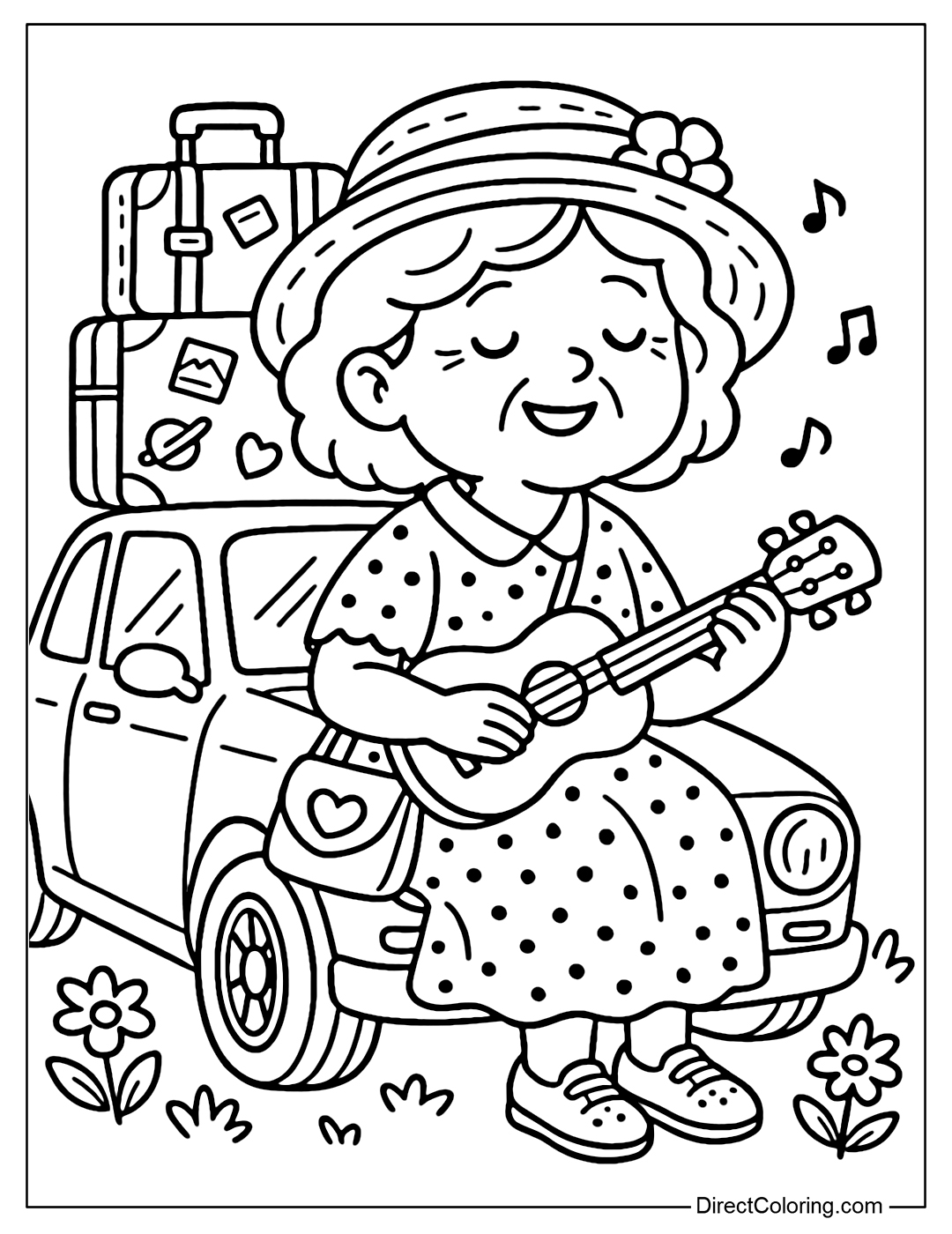 Coloring page Grandma and the old car carrying her husband's suitcase full of travel stickers.