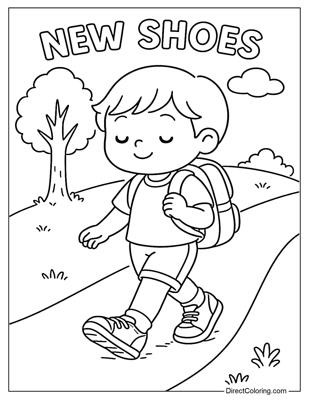 A coloring page with a baby wearing new shoes, walking on the way to school, with trees and clouds on the road.