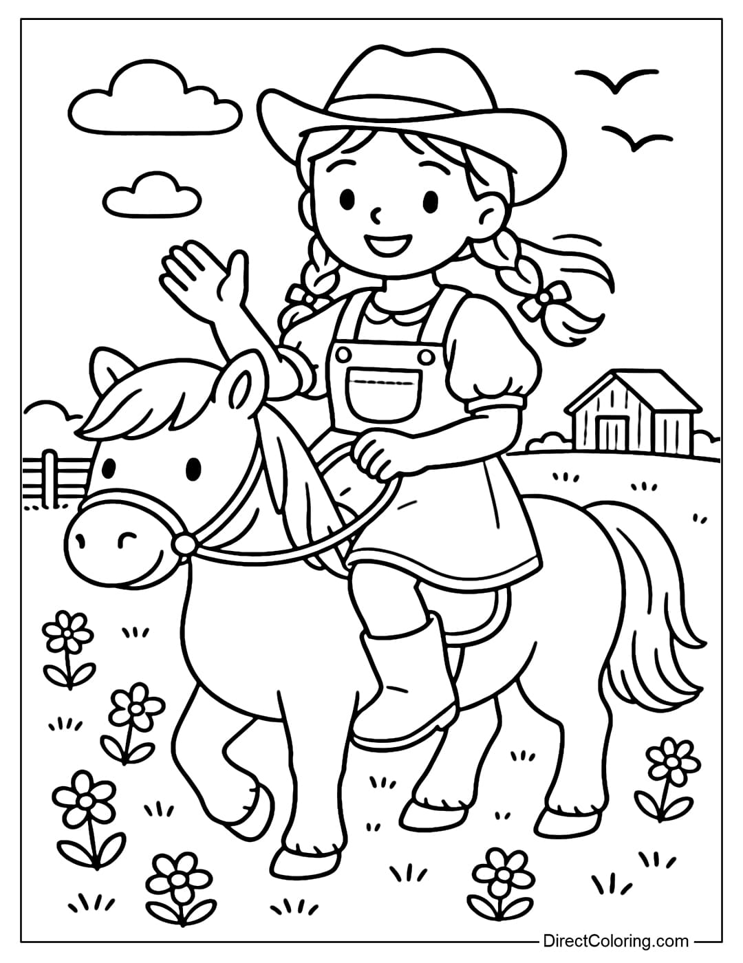 a farm girl coloring page riding a small horse, the wind blowing her hair, and a spacious meadow.