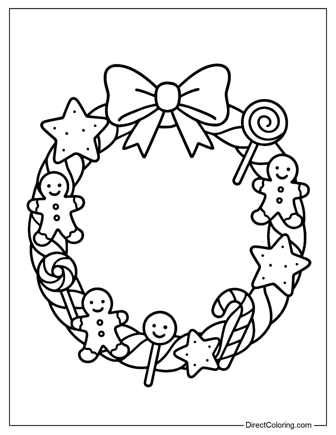 A wreath coloring page decorated with mini candy and gingerbread