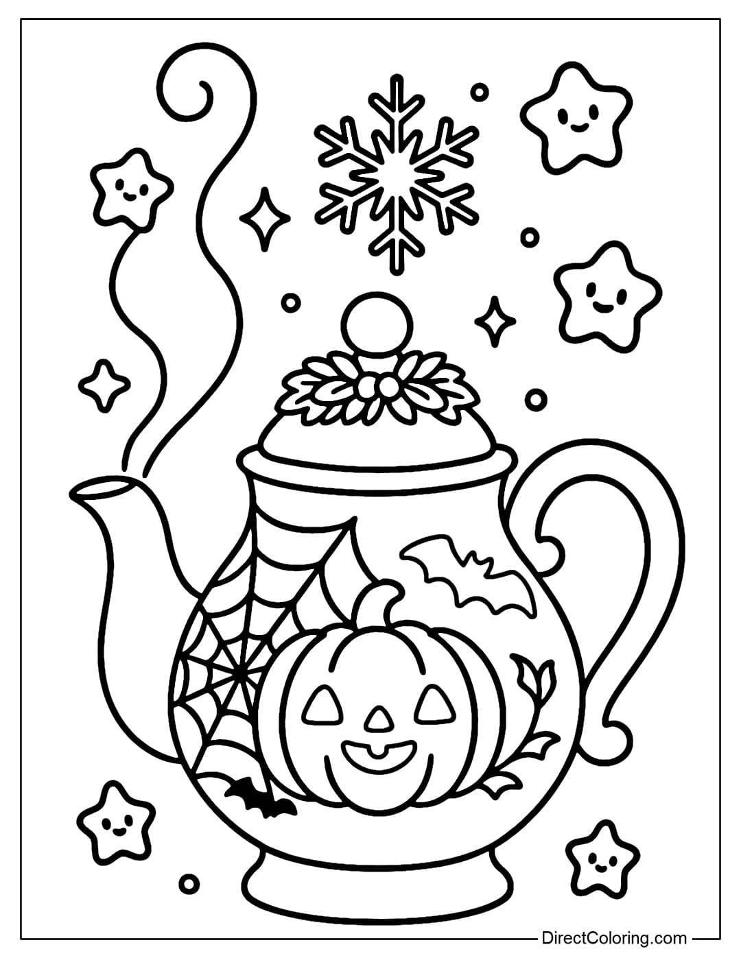 Coloring page of a classic ceramic teapot, with a spider web, pumpkin, and small bat wings on the body, and a mini Christmas wreath on the lid.
