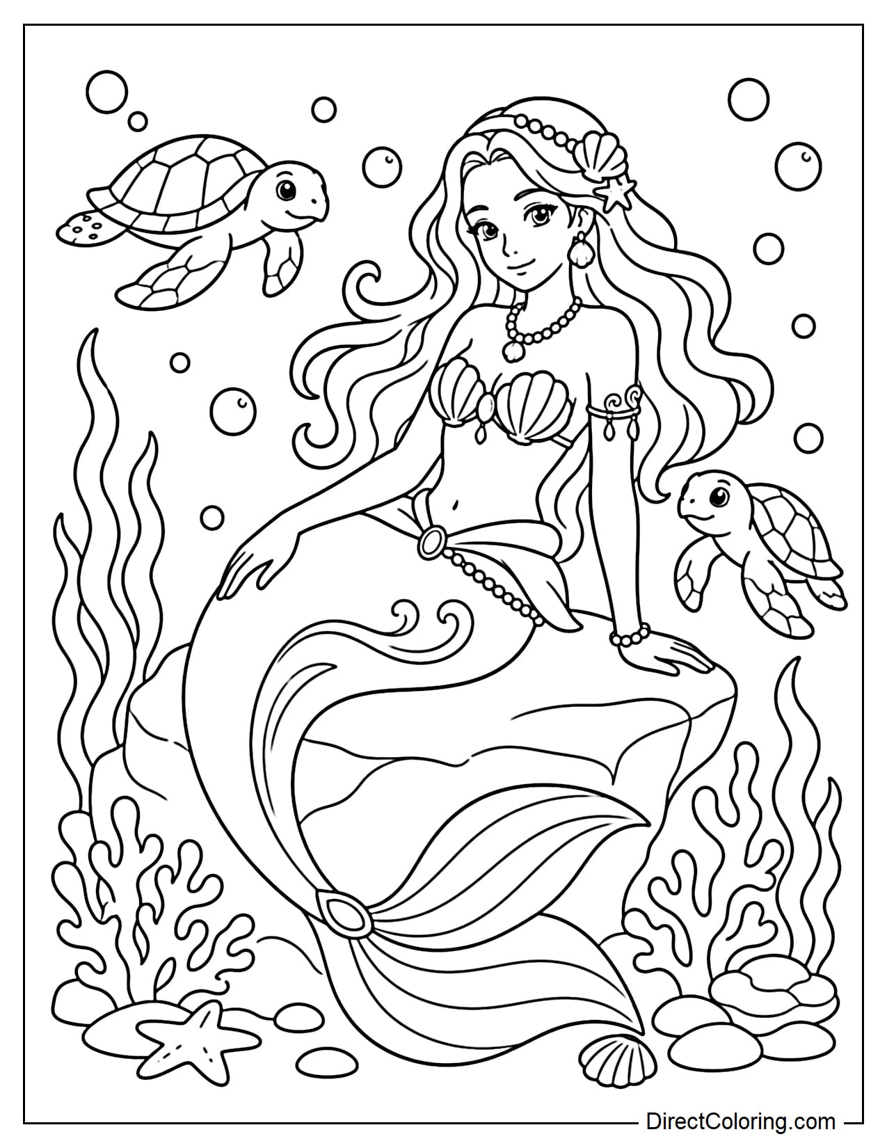 A mermaid is resting gently on a rock under the sea, surrounded by two gentle sea turtles, seaweed, coral, and bubbles.