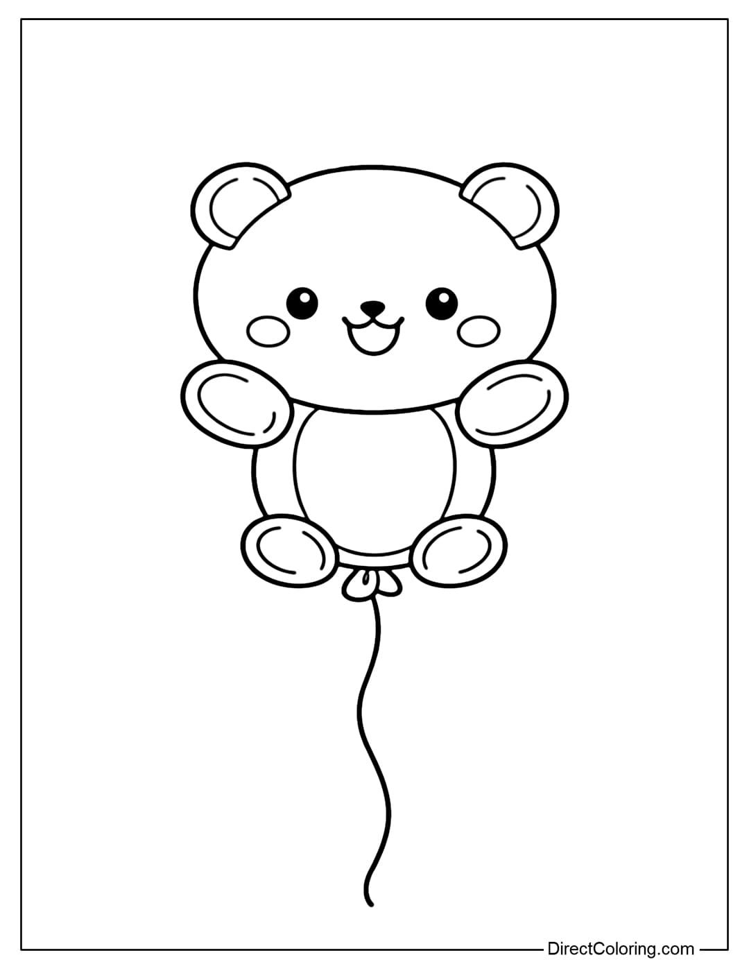 A coloring page featuring a cute bear-shaped balloon with a round face, small ears, rosy cheeks, and a friendly smile.