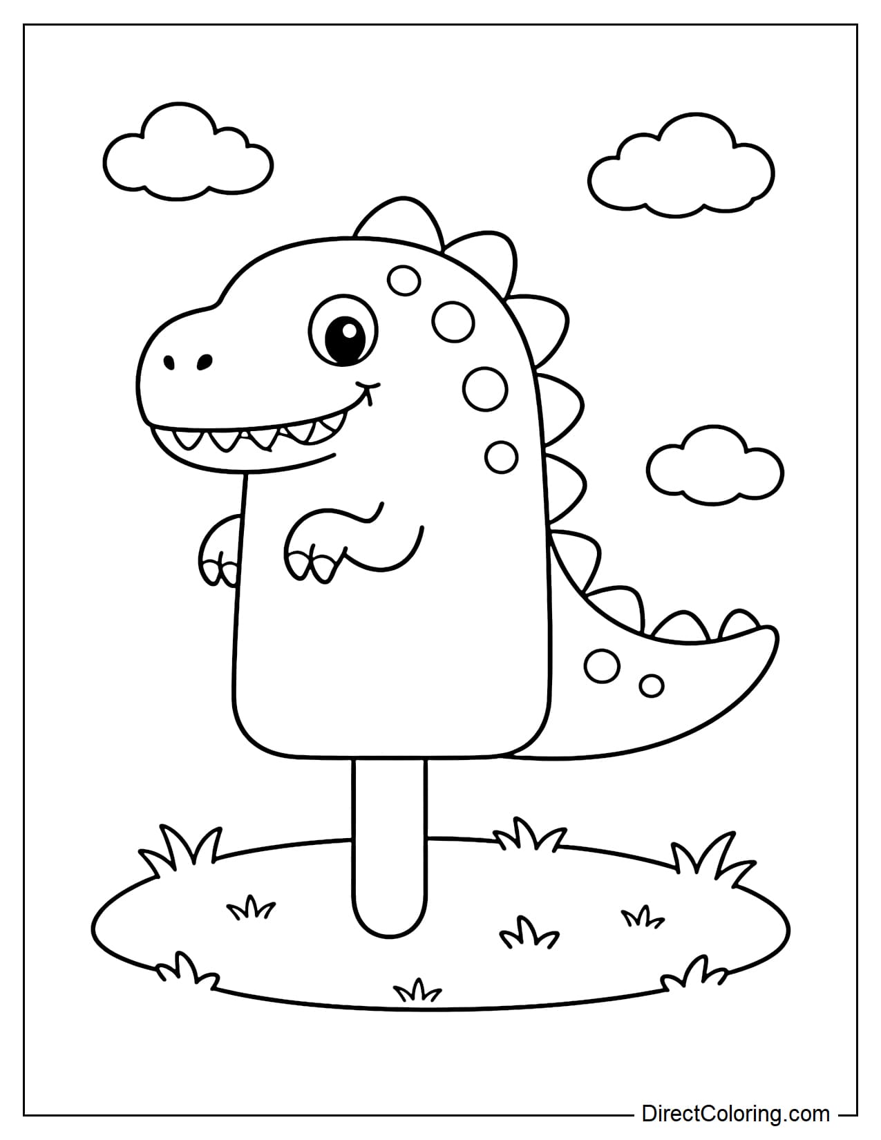 A friendly T-Rex-shaped popsicle with a large tail and simple spines, standing on a small patch of grass with some soft clouds.