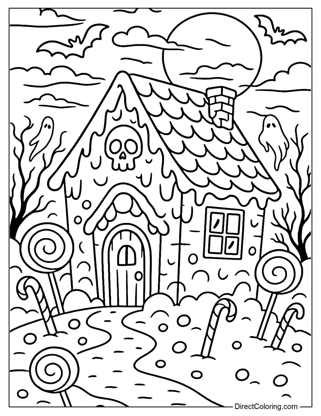 Horror Candy House Coloring Page A haunted candy house coloring page, skull-shaped windows, candy canes stuck around. A spooky scene.