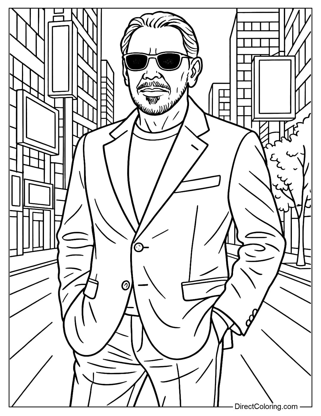 Larry Ellison the Stylish Icon Coloring Page Coloring page Larry Ellison wearing a luxurious jacket, wearing sunglasses, hands in pockets, standing