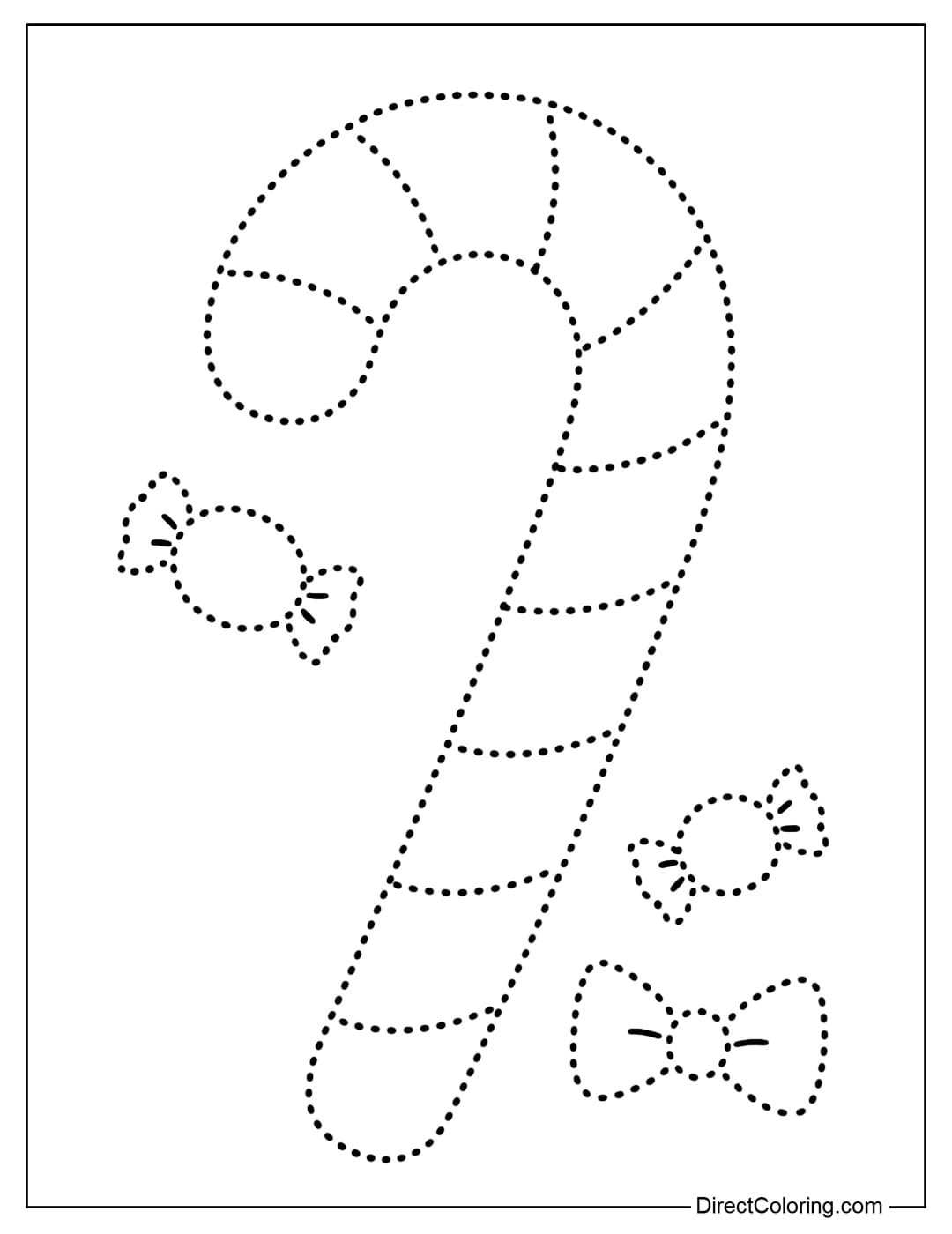 Large candy cane tracing coloring page with dotted stripes; decorated with small candies and bows.