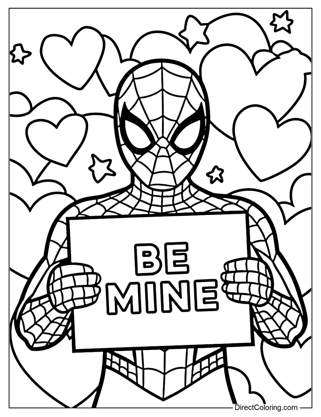 A coloring page of Spiderman holding a sign that says 