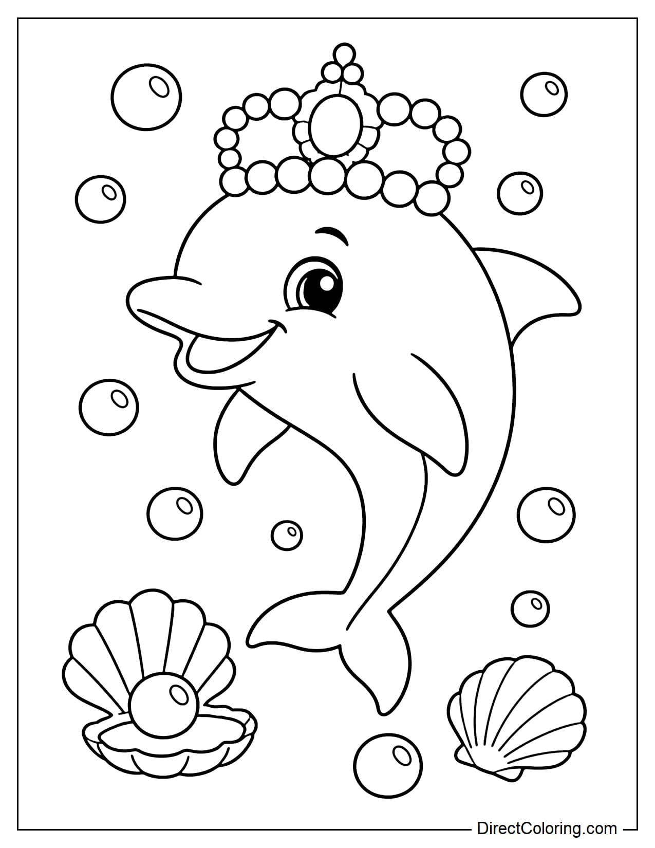 A dolphin is wearing a crown made of large pearls, like a little king of the ocean, surrounded by bubbles and pearls.