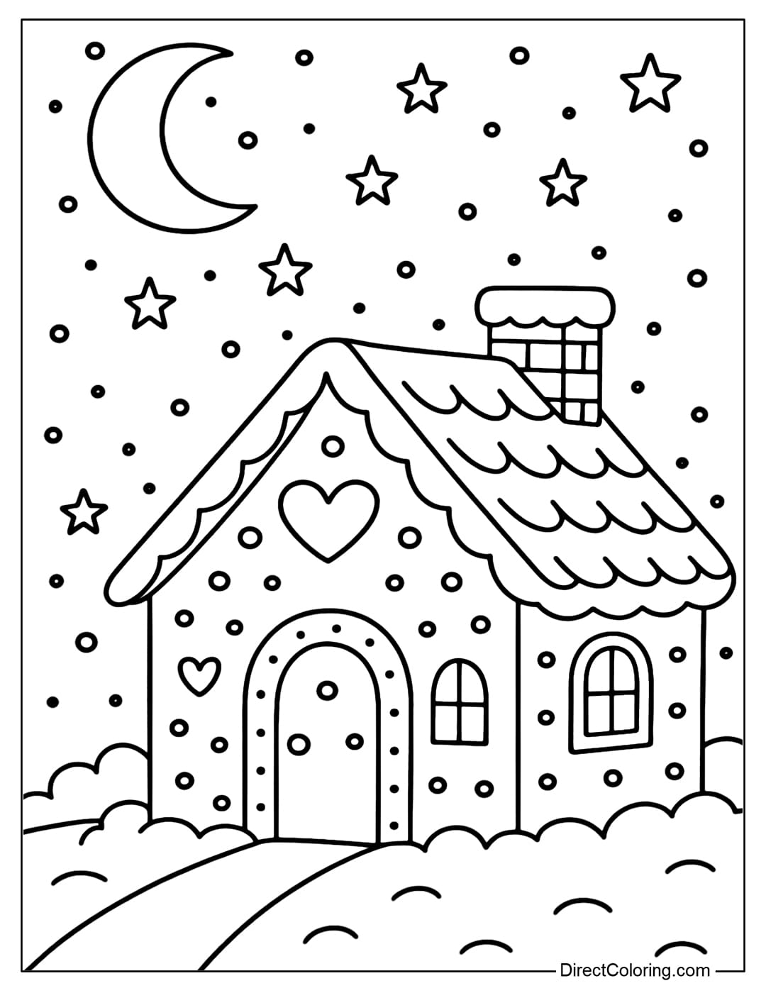 A gingerbread house coloring page under the moonlit night sky, light snowfall, and sparkling stars.
