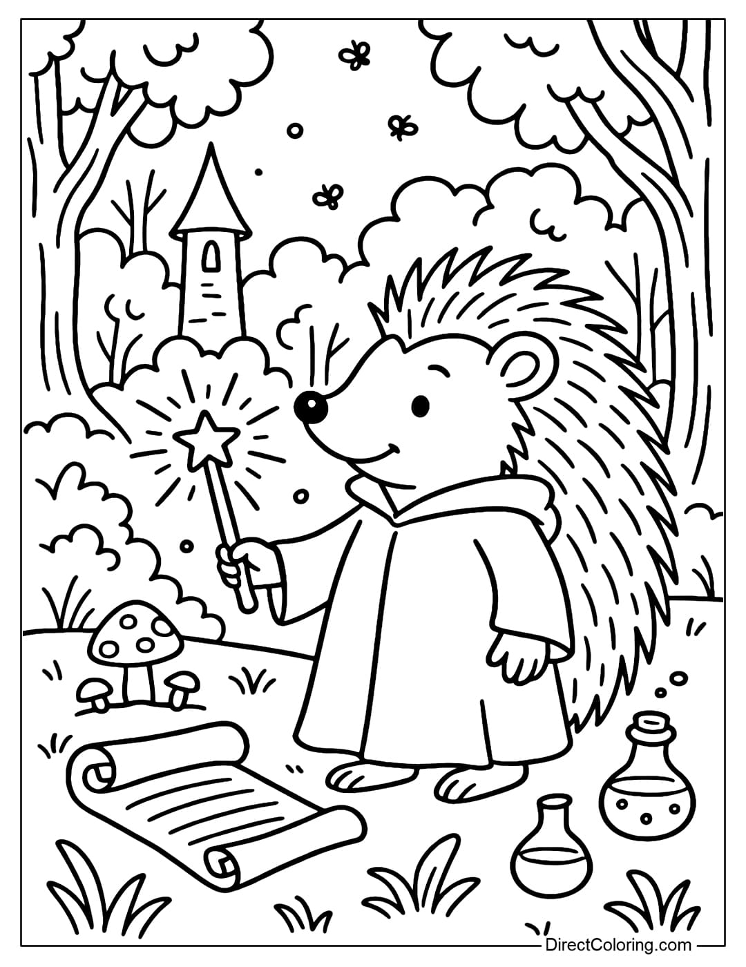 Wizard Hedgehog Coloring Page Coloring page of a hedgehog wearing a cape, holding a magic wand that radiates light.