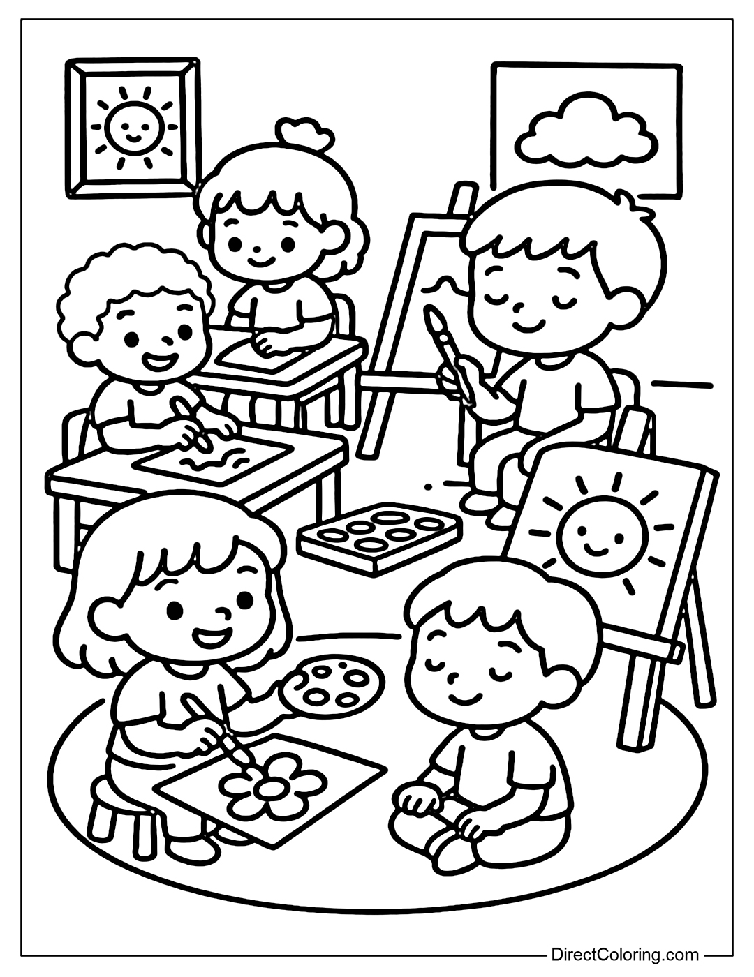 Art class coloring page where kids are painting with brushes, with drawing board, watercolors and wall art.