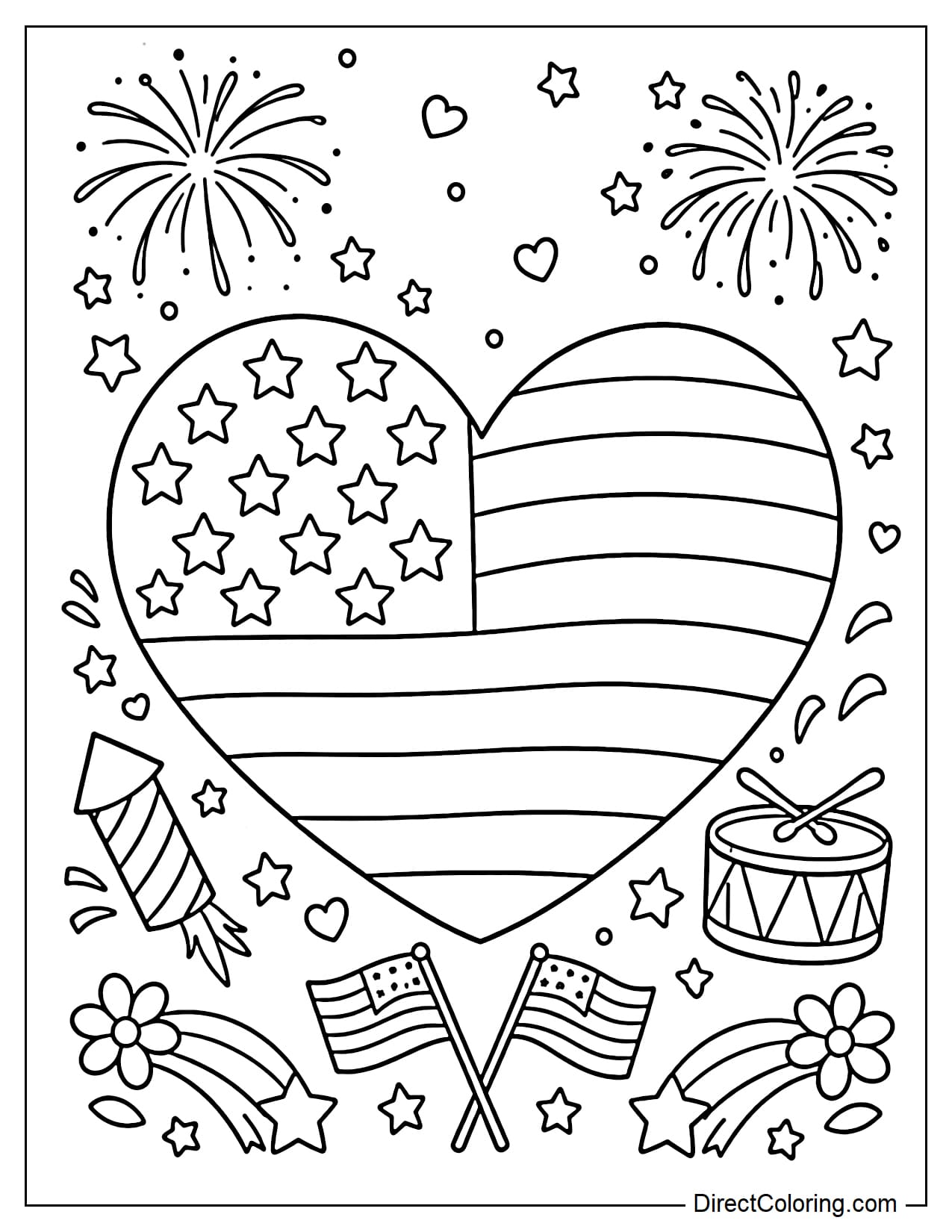 A large heart shape with an American flag pattern inside, surrounded by fireworks, drums, small flags, and confetti.