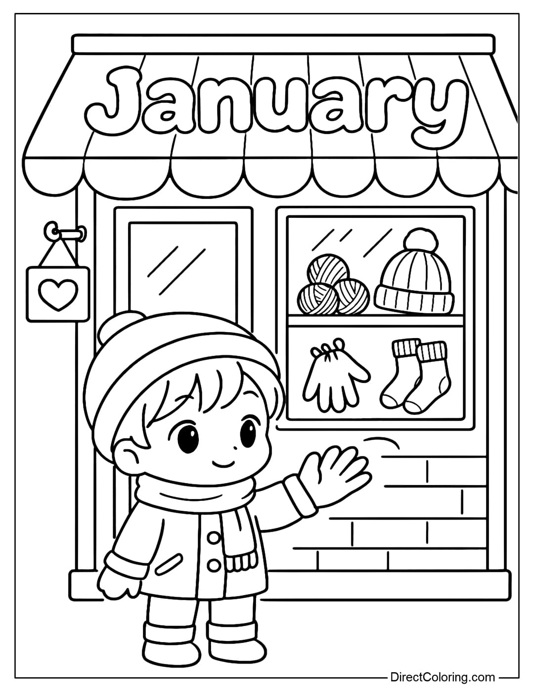 A coloring page with a cute little shop selling yarn, hats, and socks.
