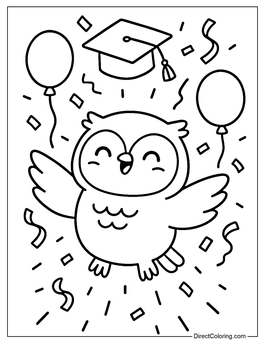 Coloring page of an owl throwing a graduation cap into the air, surrounded by balloons, confetti and a happy smile.