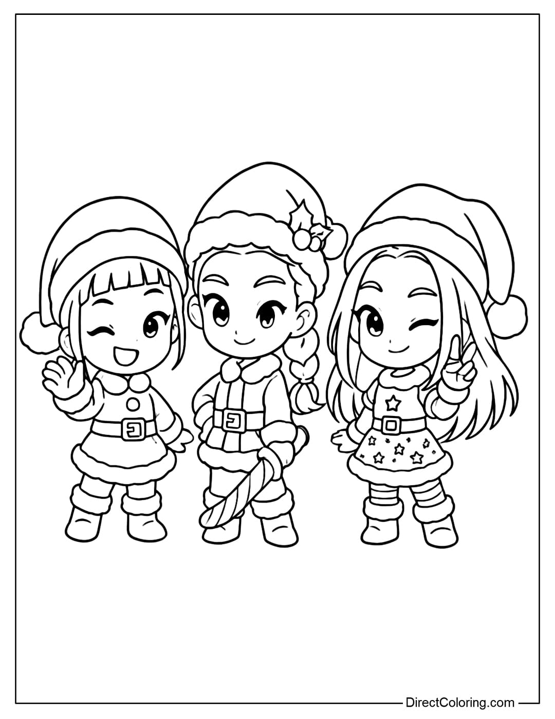 Coloring page of three characters Rumi, Zoey and Mira from Kpop Demon Hunters, wearing Christmas costumes, cute chibi style.