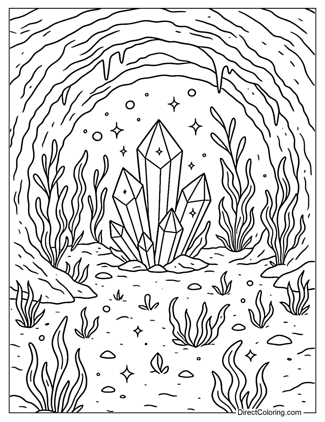 Sea cave coloring page filled with glowing crystals and algae.