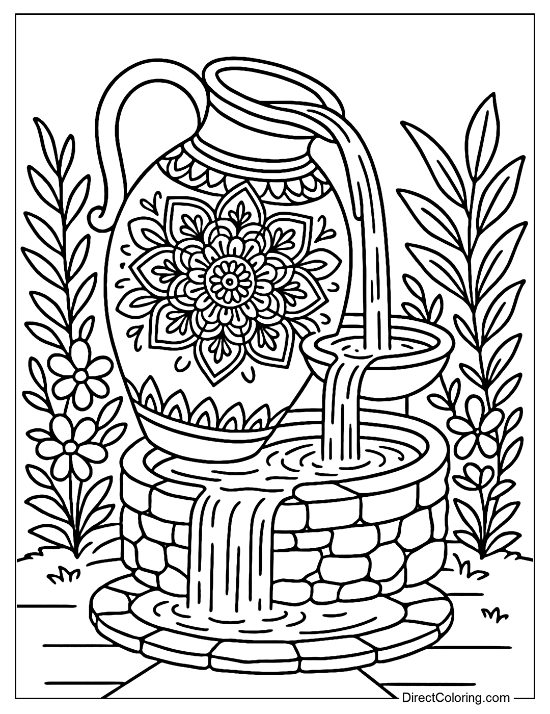 A fountain coloring page with a ceramic pot painted with an elaborate mandala pattern, water pouring in layers, flowers and leaves on both sides